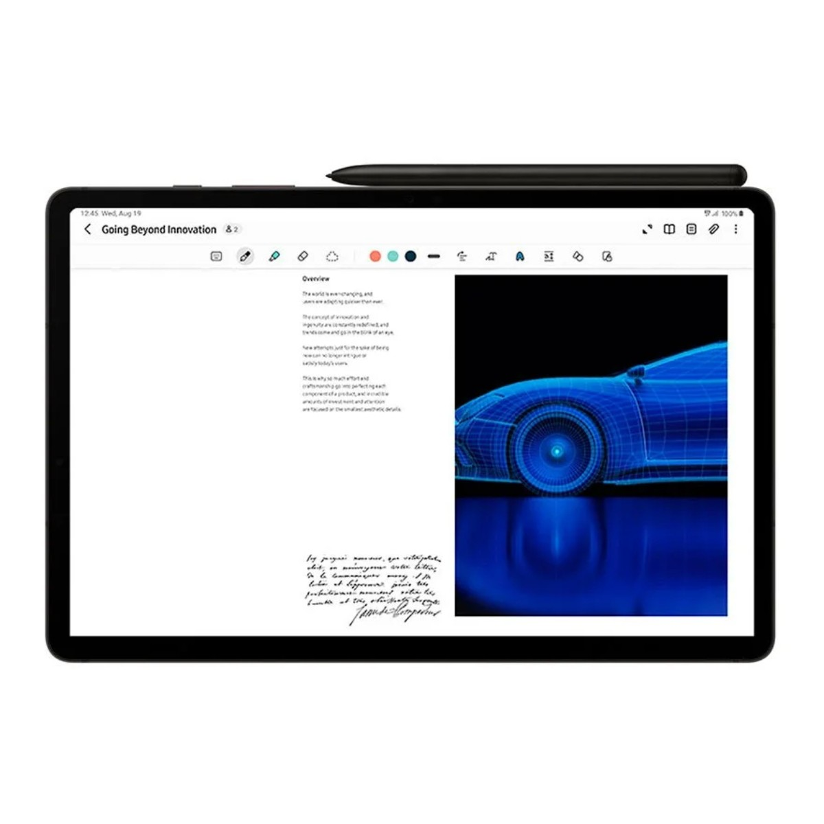 Tablet z otwartym dokumentem, rysikiem na górze. Tekst i schemat samochodu na ekranie.