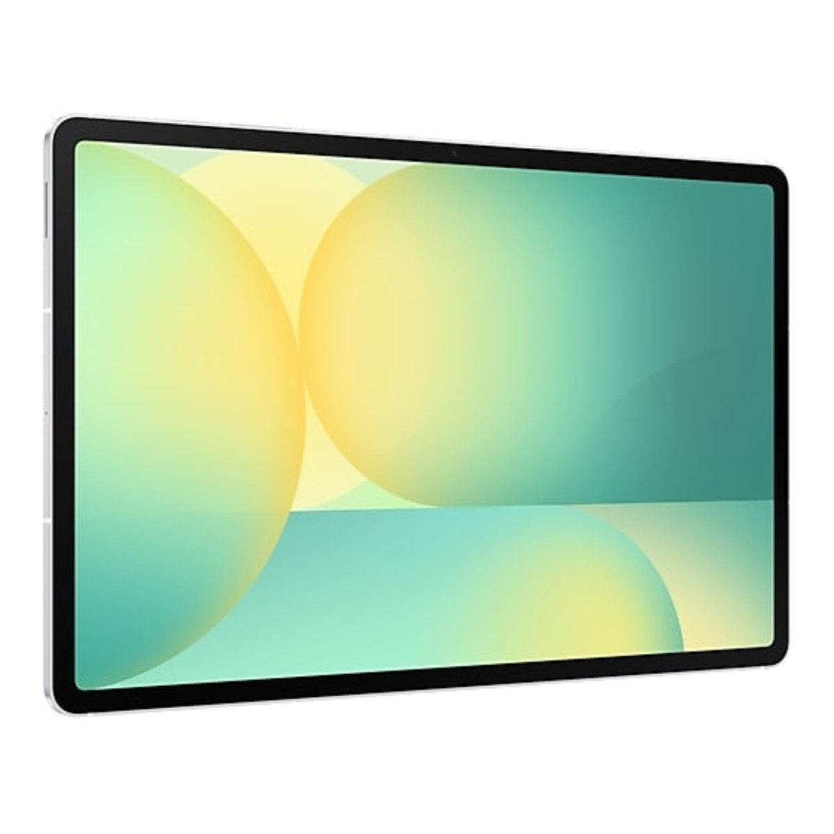 Tablet z ekranem wyświetlającym turkusowe i żółte kule, z czarną obwódką i srebrną ramką.