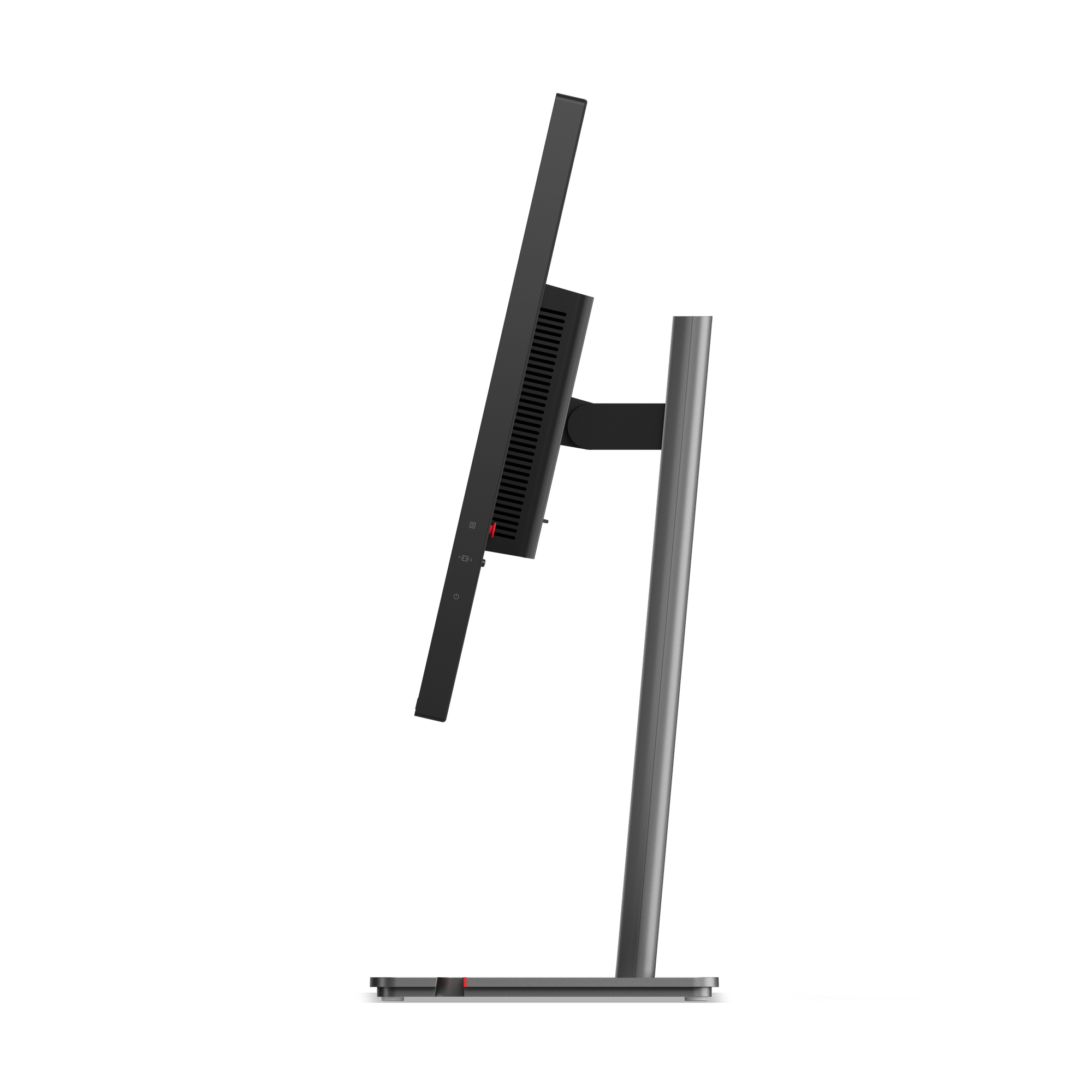 Widok z boku monitora Lenovo na białym tle pokazuje jego smukły profil i konstrukcję podstawki.