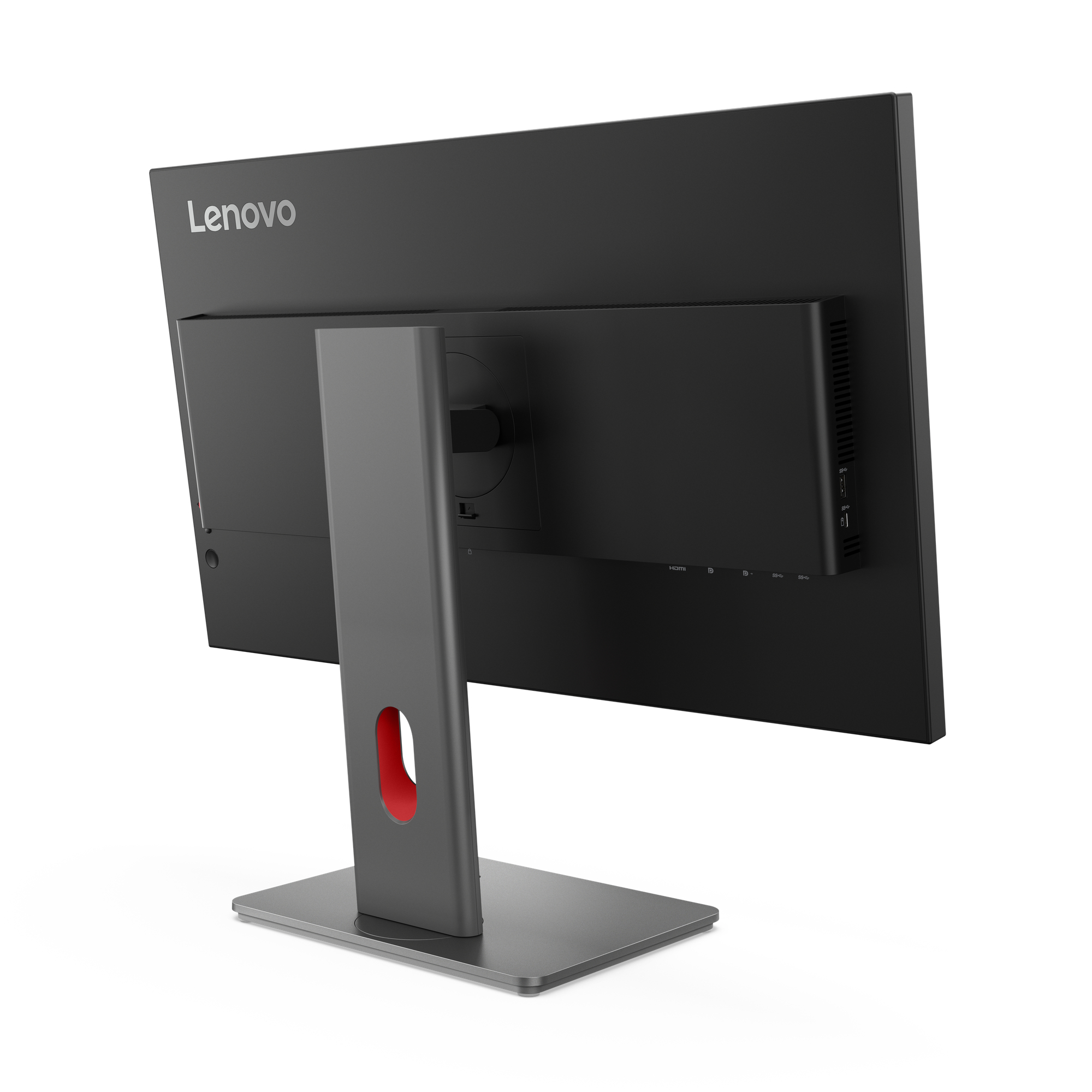 Wyświetlany jest tył monitora Lenovo, z szarą podstawką z czerwonym akcentem i wieloma portami.