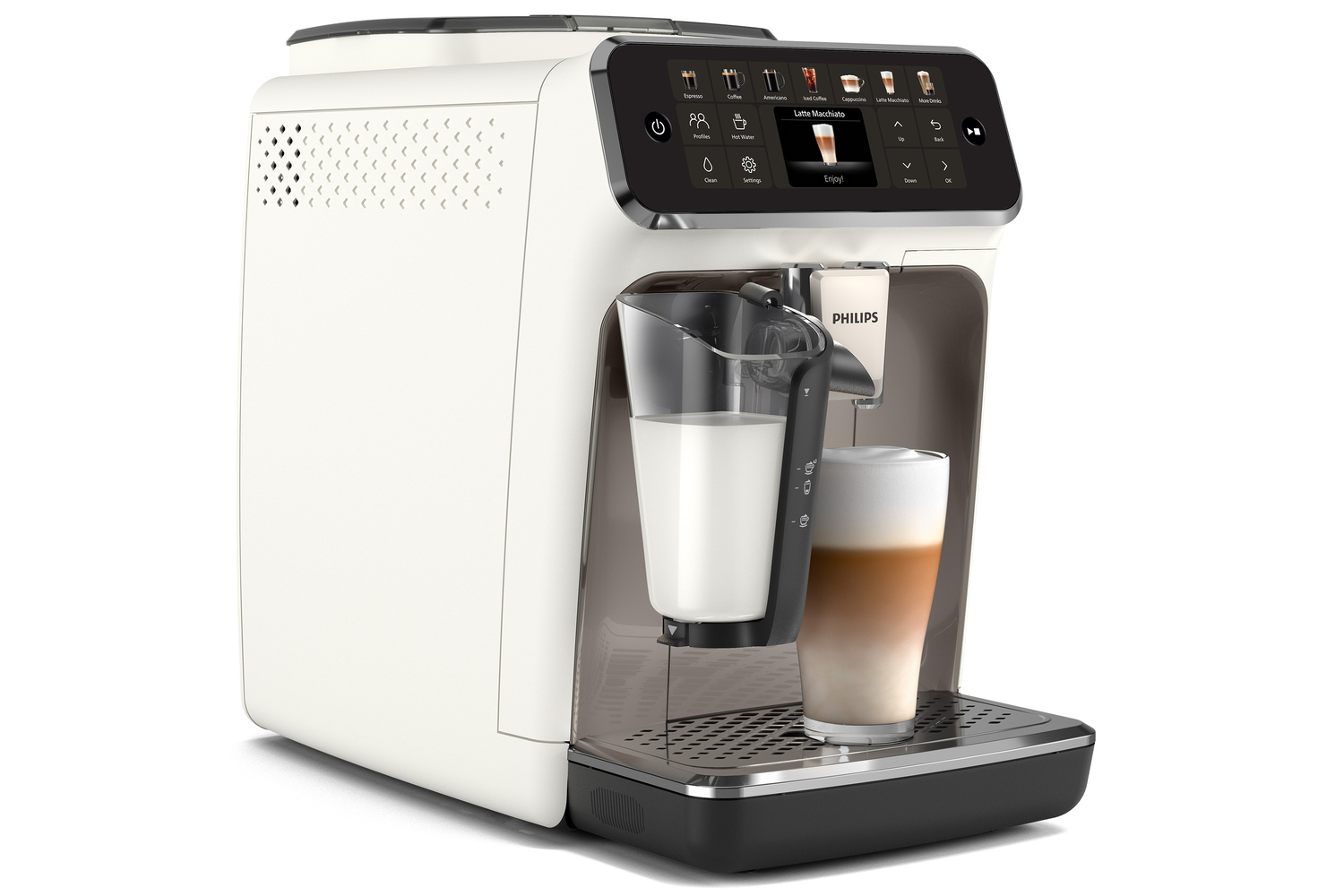 Macchina per espresso Philips bianca e grigia. Si vedono un bicchiere di latte e un bicchiere di latte macchiato.