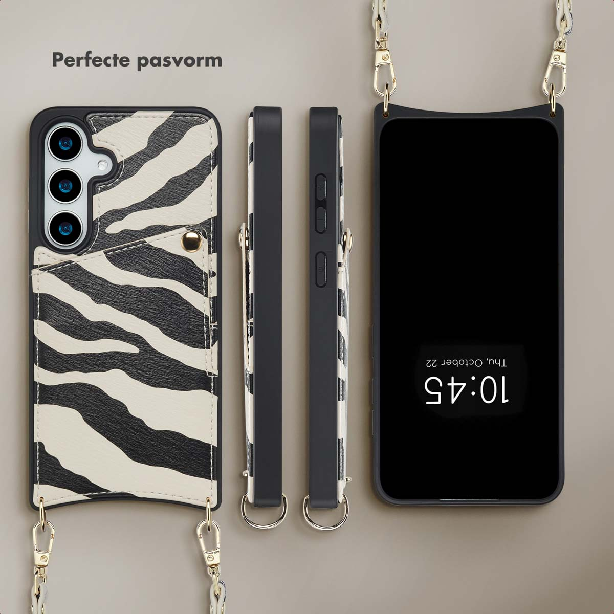 Telefoonhoesjes met zebraprint, zwarte telefoon en telefoon met tijdweergave. Allemaal met riemen en kettingen.