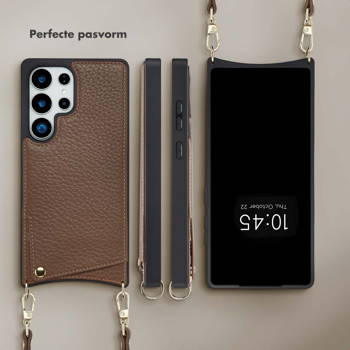 Custodia per telefono con un porta carte in pelle marrone attaccato e un secondo telefono in nero.