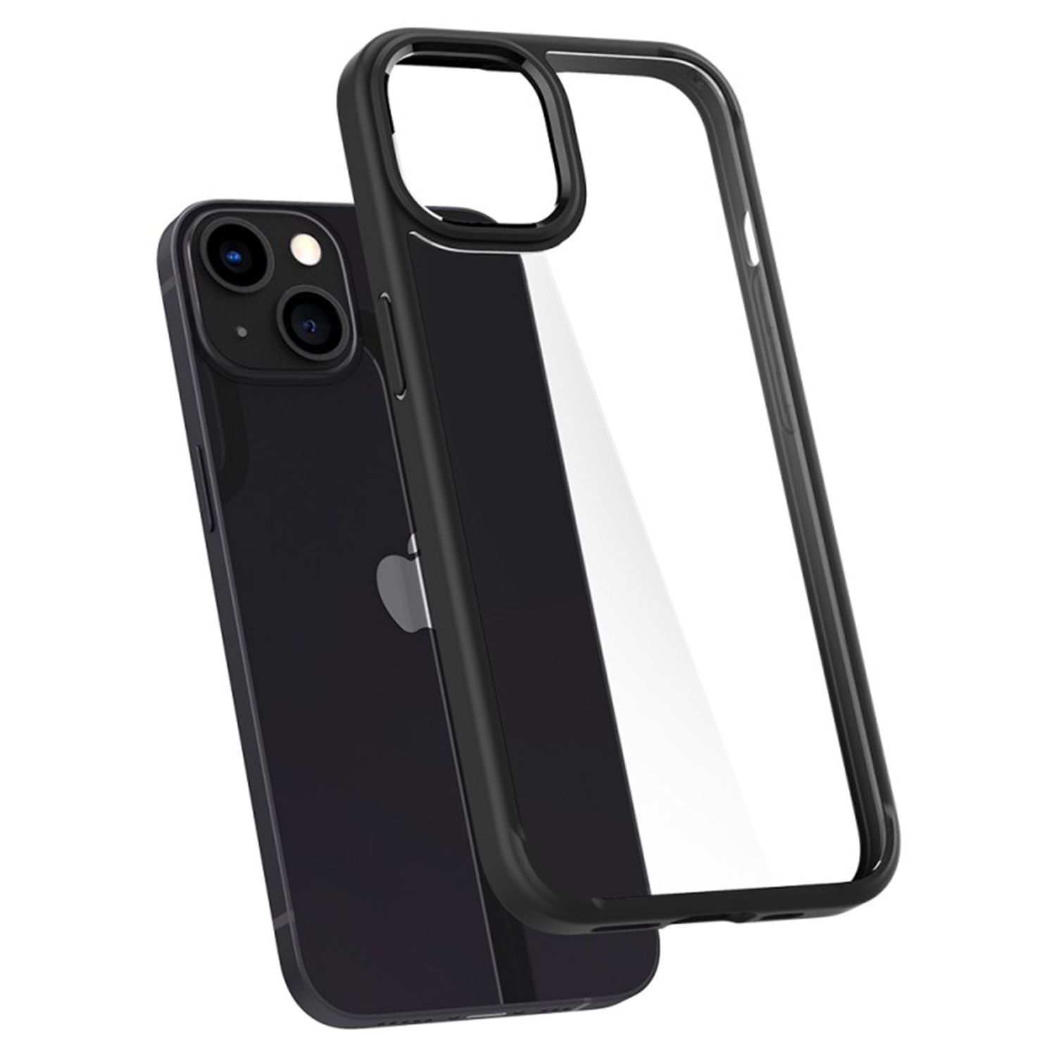 Czarny telefon z przezroczystym etui, ustawiony pod kątem, aby pokazać tył i boki.
