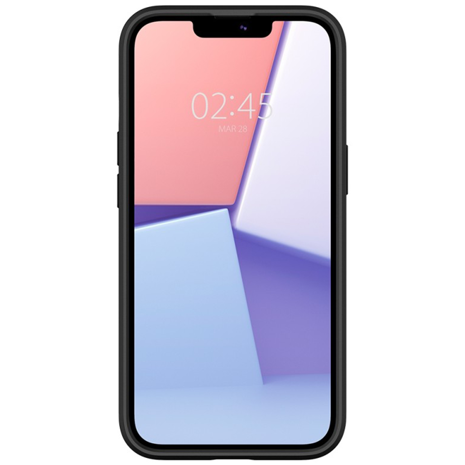 Czarny telefon z ekranem wyświetlającym kolorowy, abstrakcyjny wzór. Godzina to 02:45, 28 marca.