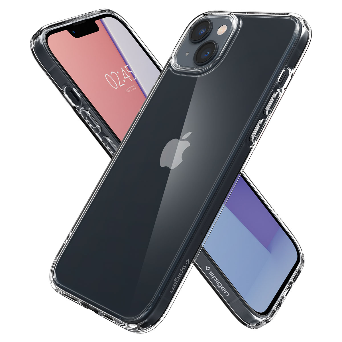 Dwa przezroczyste etui na telefon. Jeden telefon pokazuje wyświetlacz, drugi ma logo jabłka. Wydrukowano Spigen.