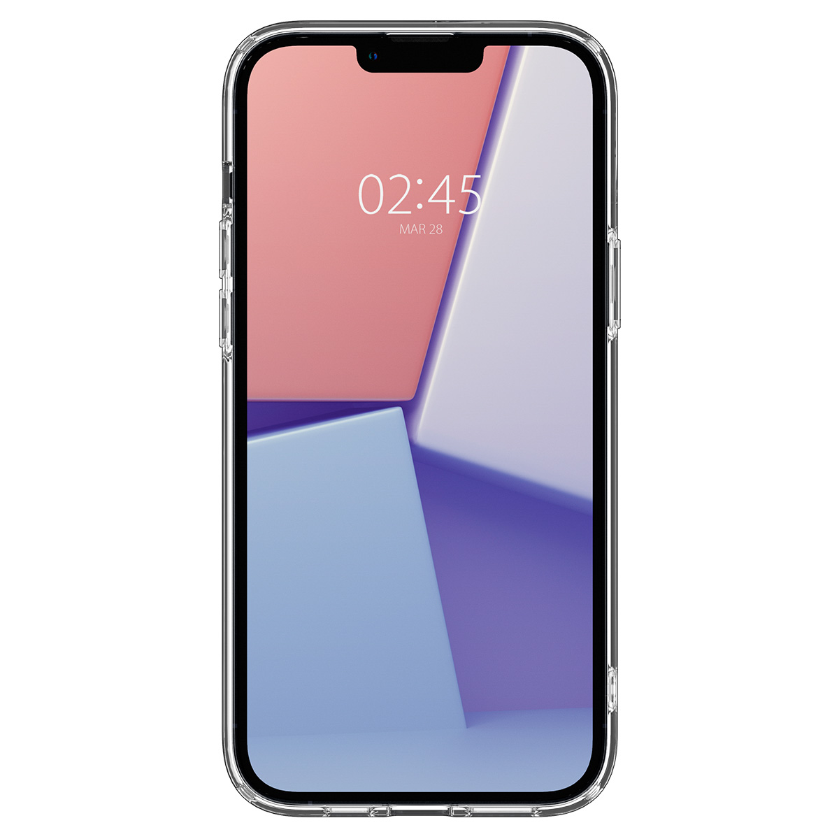 Przezroczyste etui na telefon z telefonem w środku. Telefon pokazuje kolorowy, abstrakcyjny wzór. Godzina to 02:45.