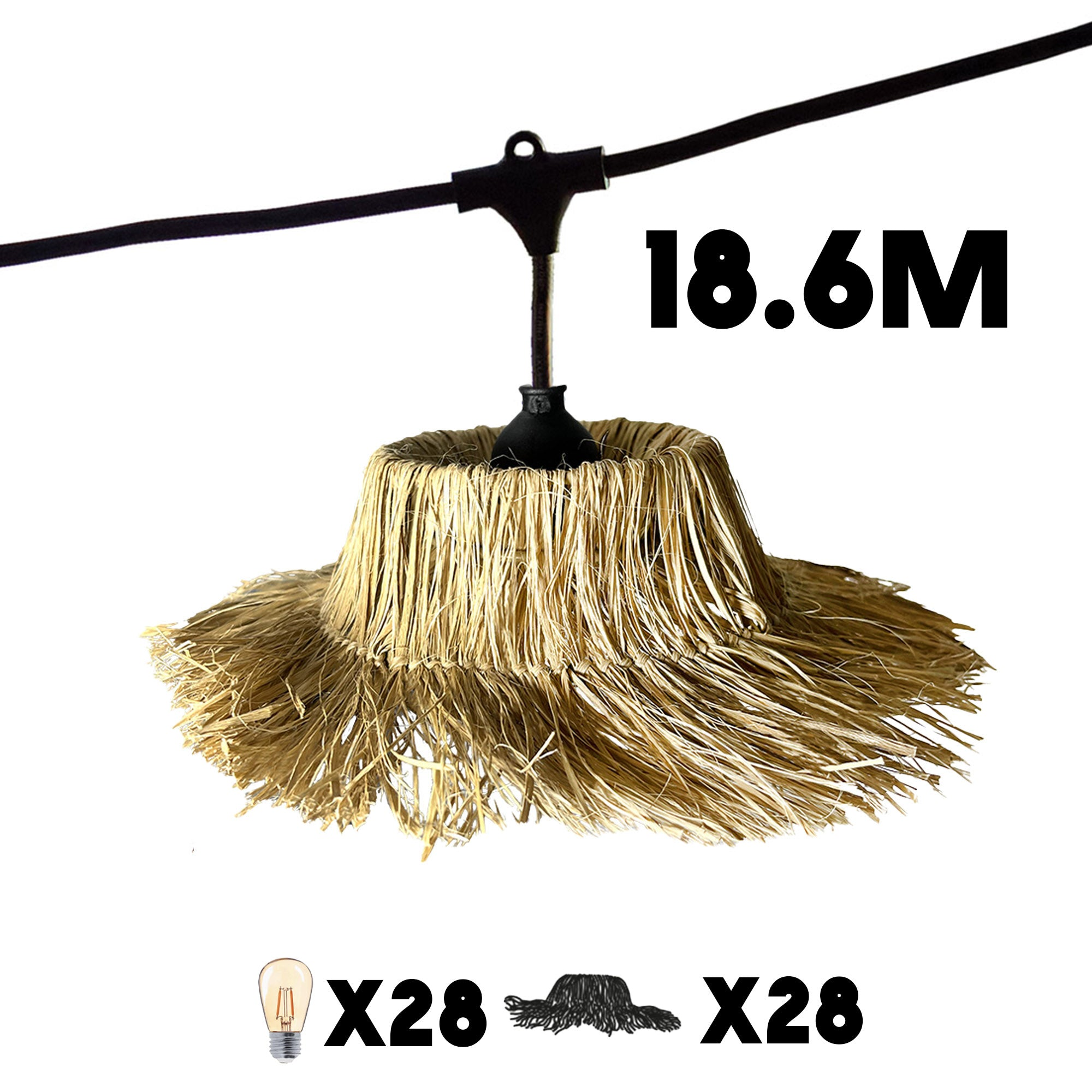 Eine 18,6 m lange Lichterkette mit Strohschirmen, Lichtern und schwarzem Kabel wird gezeigt.