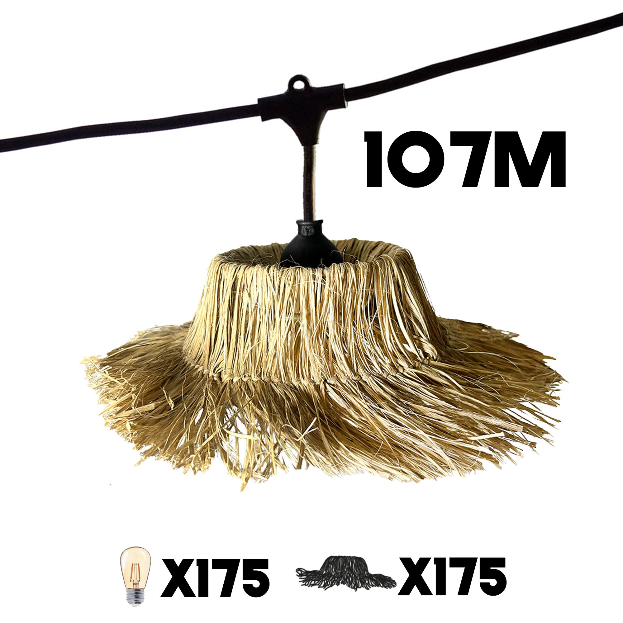 Eine 107 m lange Lichterkette mit Strohschirmen, Lichtern und schwarzem Kabel wird gezeigt.