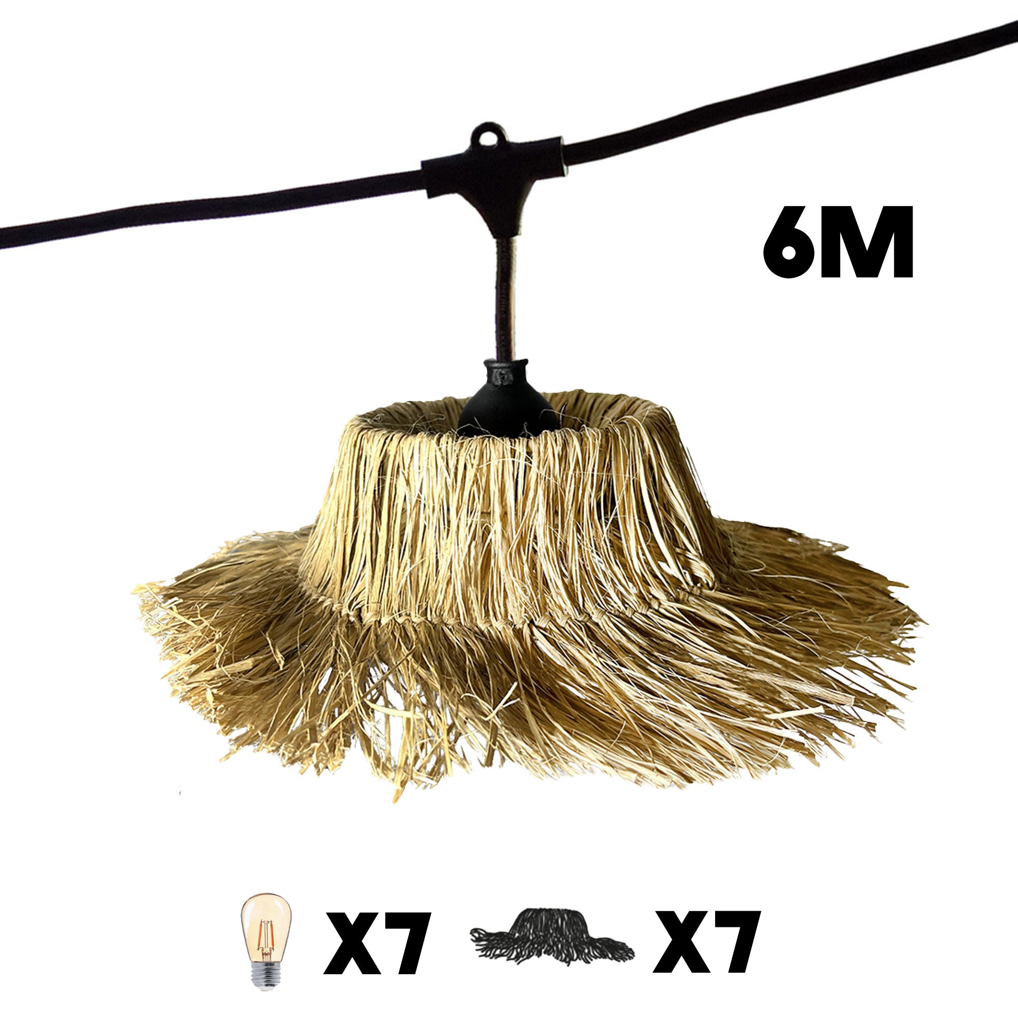 Eine 6 m lange Lichterkette mit Strohschirmen, Lichtern und schwarzem Kabel wird gezeigt.