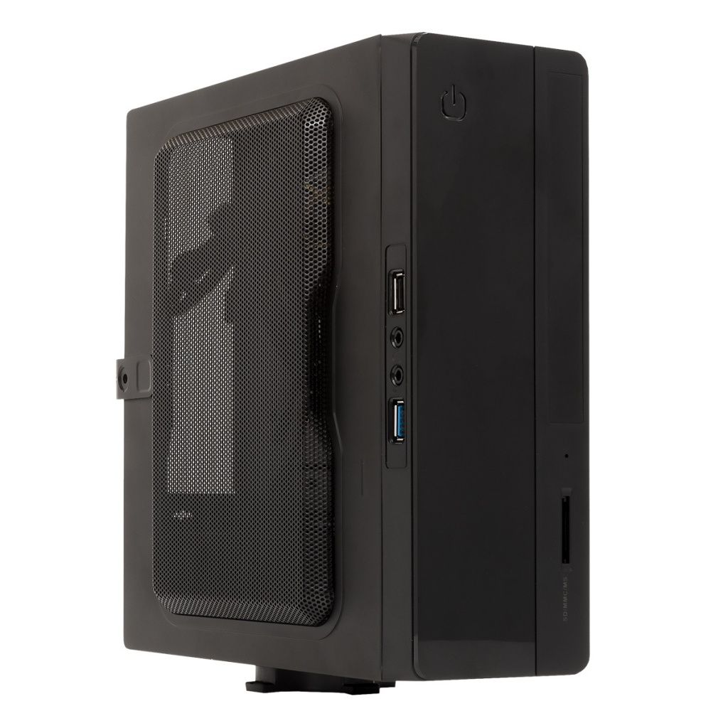 Case nero per computer con pannello frontale a rete. Ha porte USB e pulsante di accensione. Slot SD visibile.