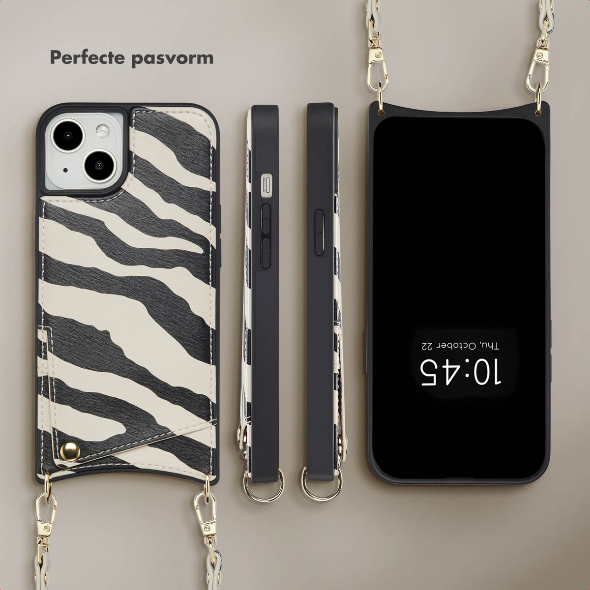 Coques de téléphone à motif zèbre noir et blanc, avec un téléphone noir affichant l'heure. Sangles attachées.