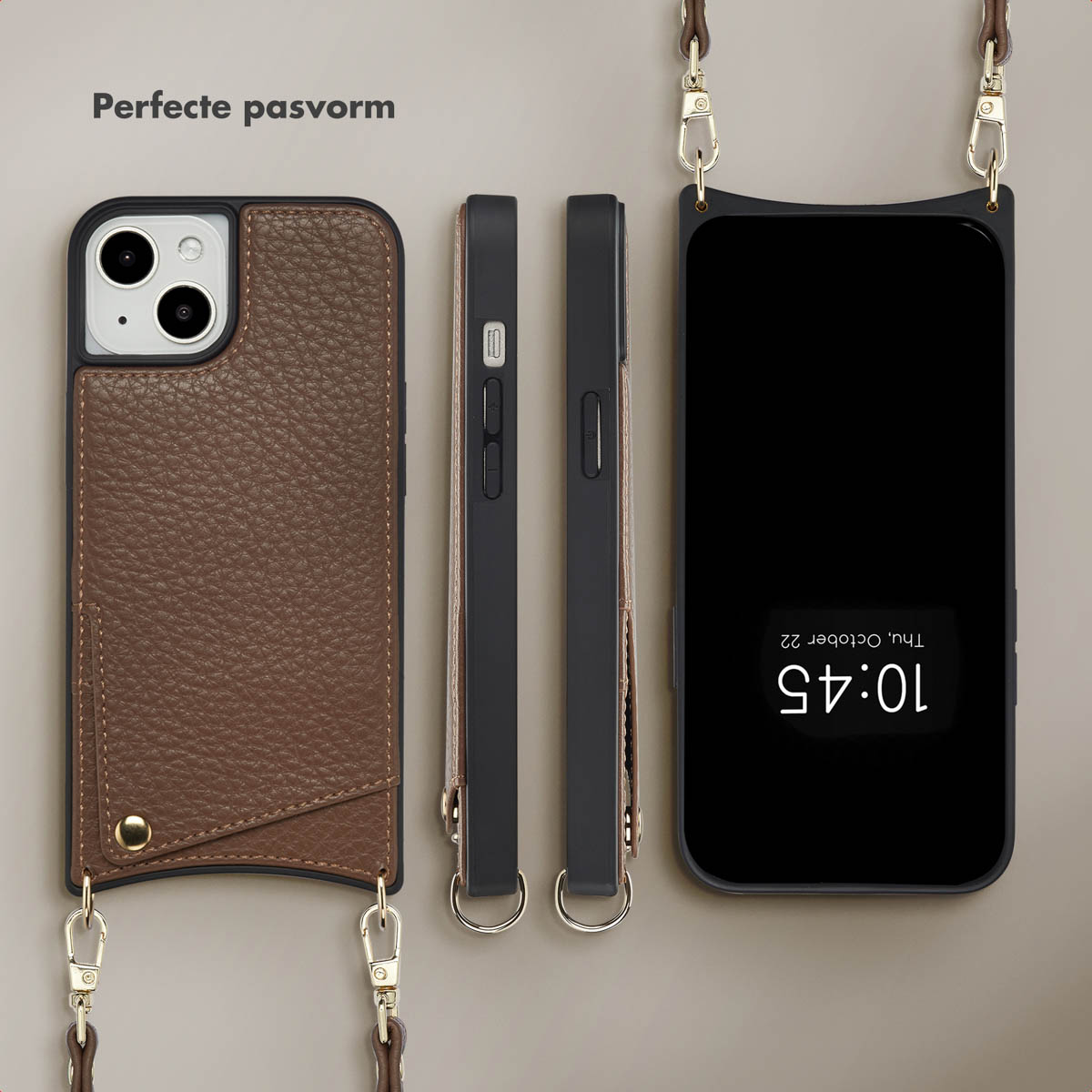 Coques de téléphone avec cuir marron, noir et un téléphone avec affichage de l'heure. Avec des sangles.