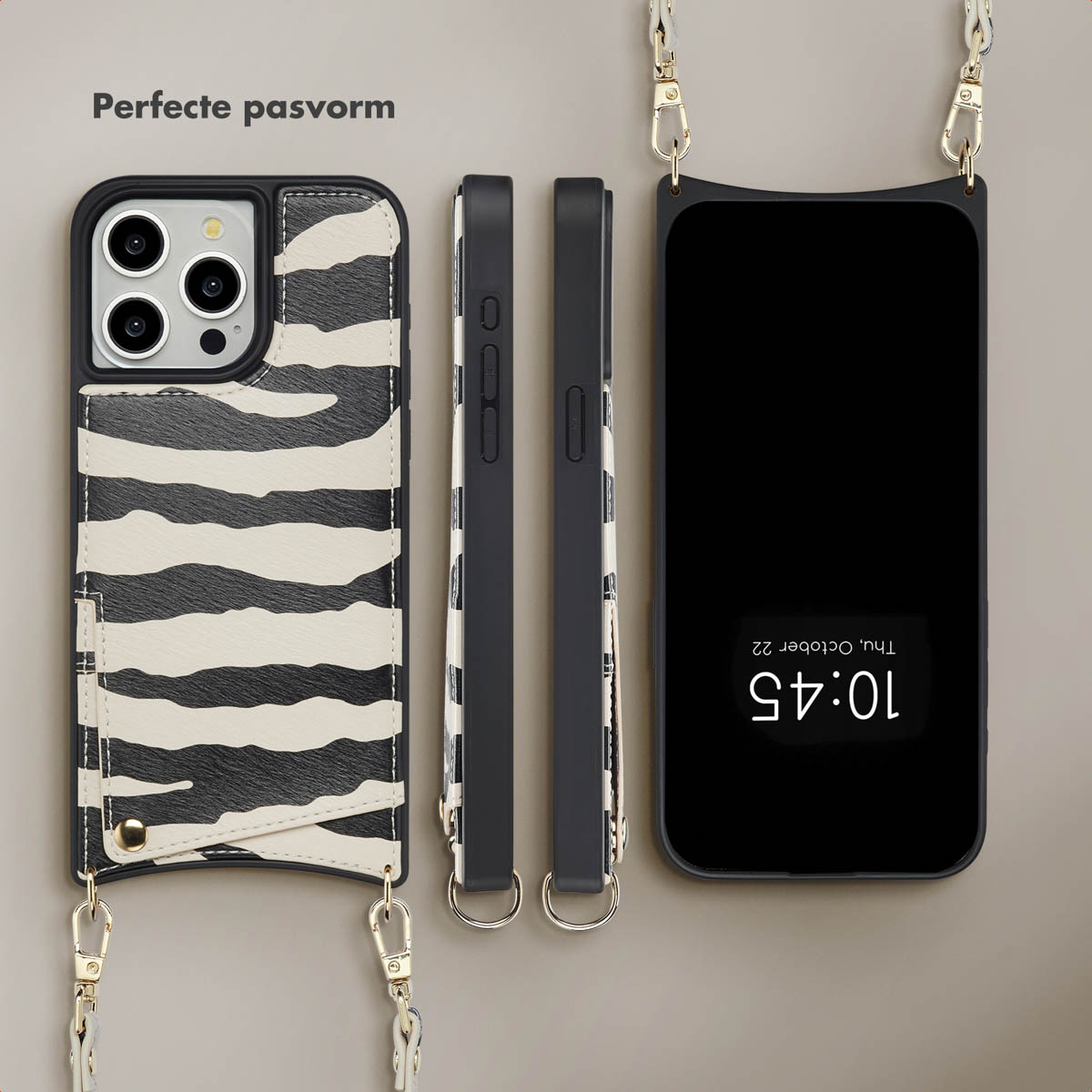 Telefoonhoesjes met een zebrapatroon en een zwarte telefoon die de tijd weergeeft. Zijaanzichten van de hoesjes en riemen met gouden accenten.