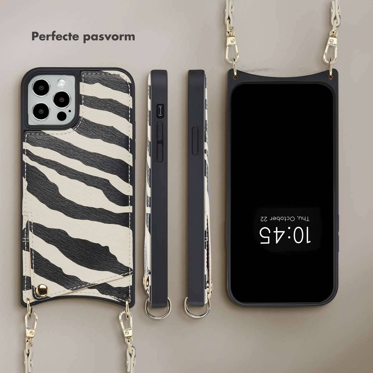 Telefoonhoesjes met zebraprint. Hoesjes zijn zwart en wit. Telefoon is zwart. Achtergrond is beige.