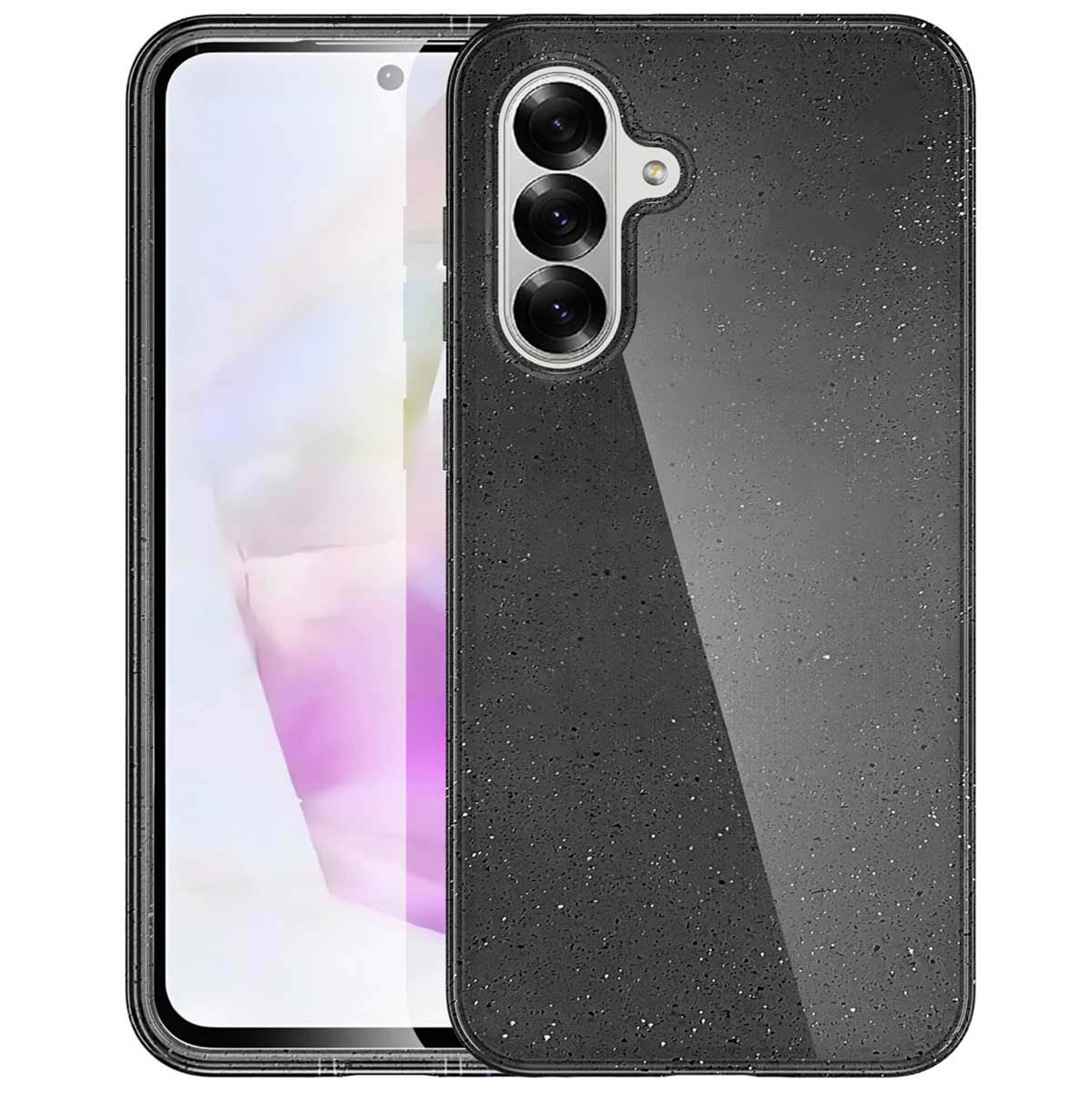 Een telefoonhoesje met een gespikkelde textuur. Een telefoon zit in de hoes. Achtergrond is wit.