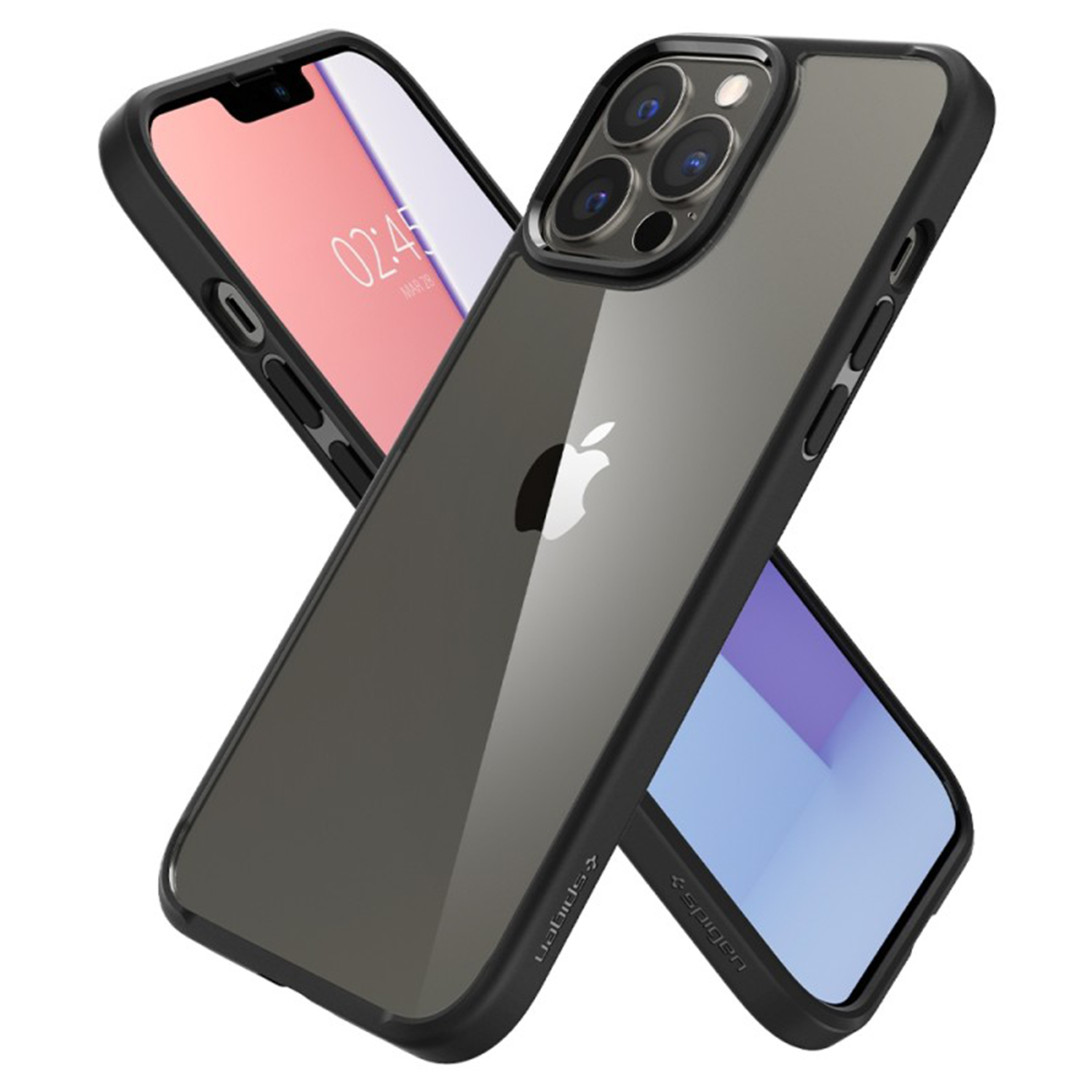 Twee smartphones in hoesjes, één met een doorzichtige hoes, de andere met een zwarte hoes, overlappend.
