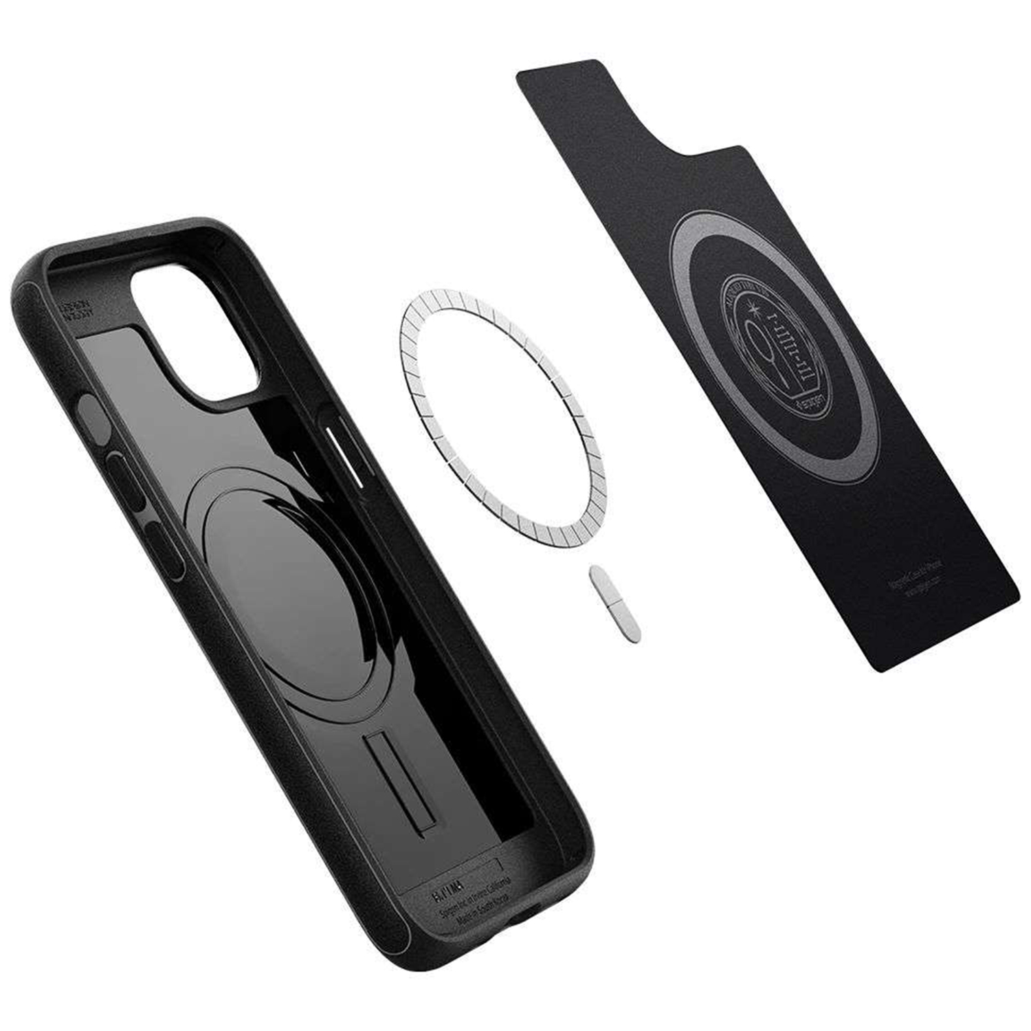 Zwarte telefoonhoes gedemonteerd. Onderdelen zijn onder meer de hoes, een metalen ring, een kleine pin en een zwarte magnetische achterkant.