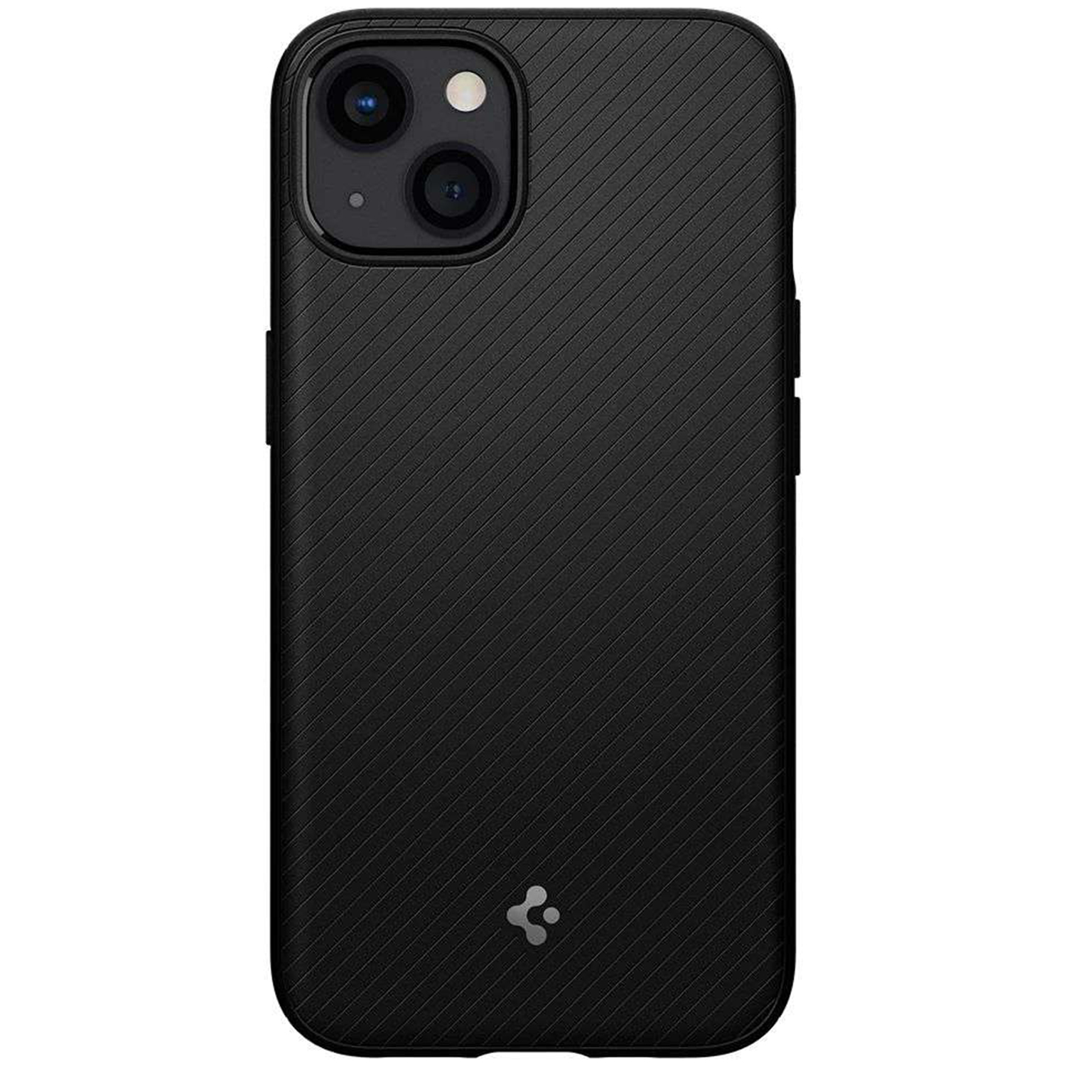 Een zwarte telefoonhoes. De achterkant heeft een diagonaal lijnenpatroon en een klein logo.