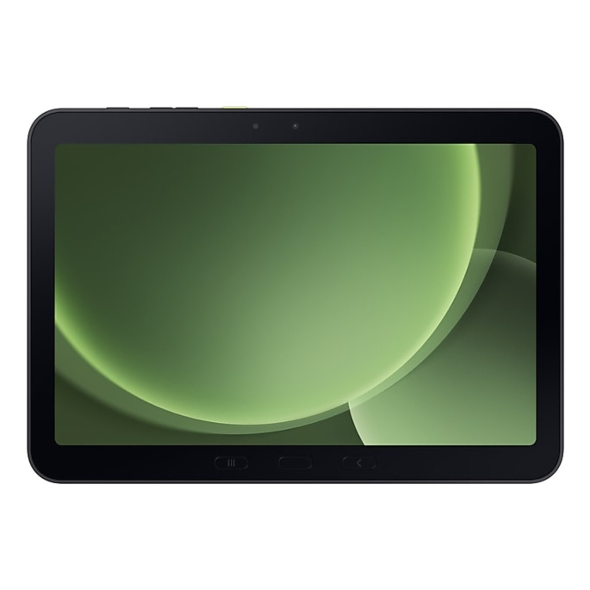 Una tableta negra muestra un fondo abstracto verde. La tableta tiene un marco negro y es rectangular con esquinas redondeadas.