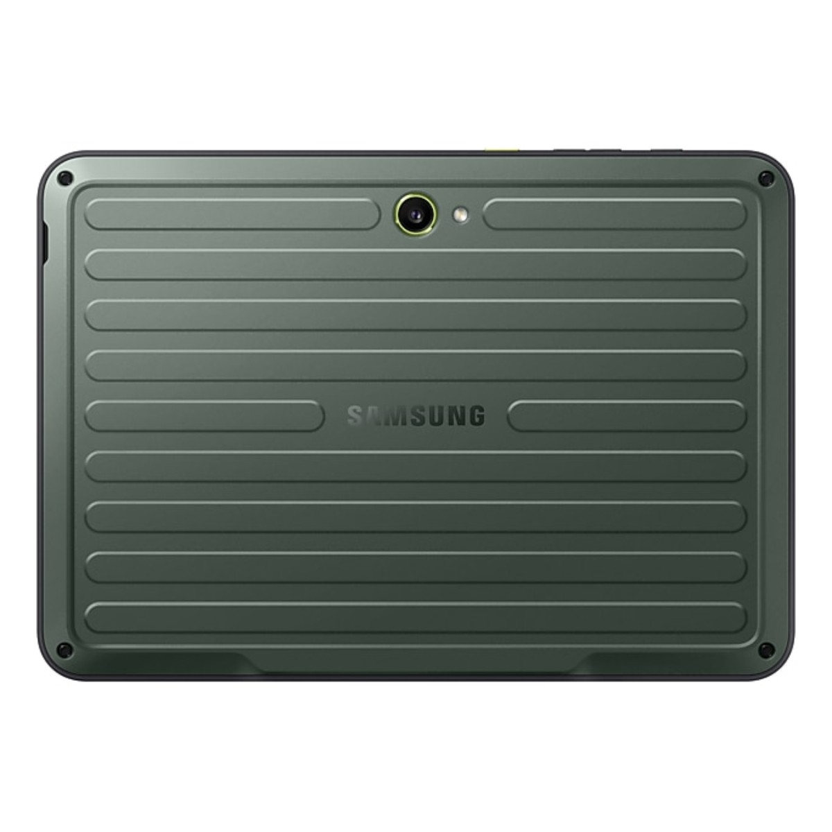 Parte trasera de una tableta verde resistente. Tiene una cámara, el logotipo de Samsung y una textura acanalada. Los bordes son negros.