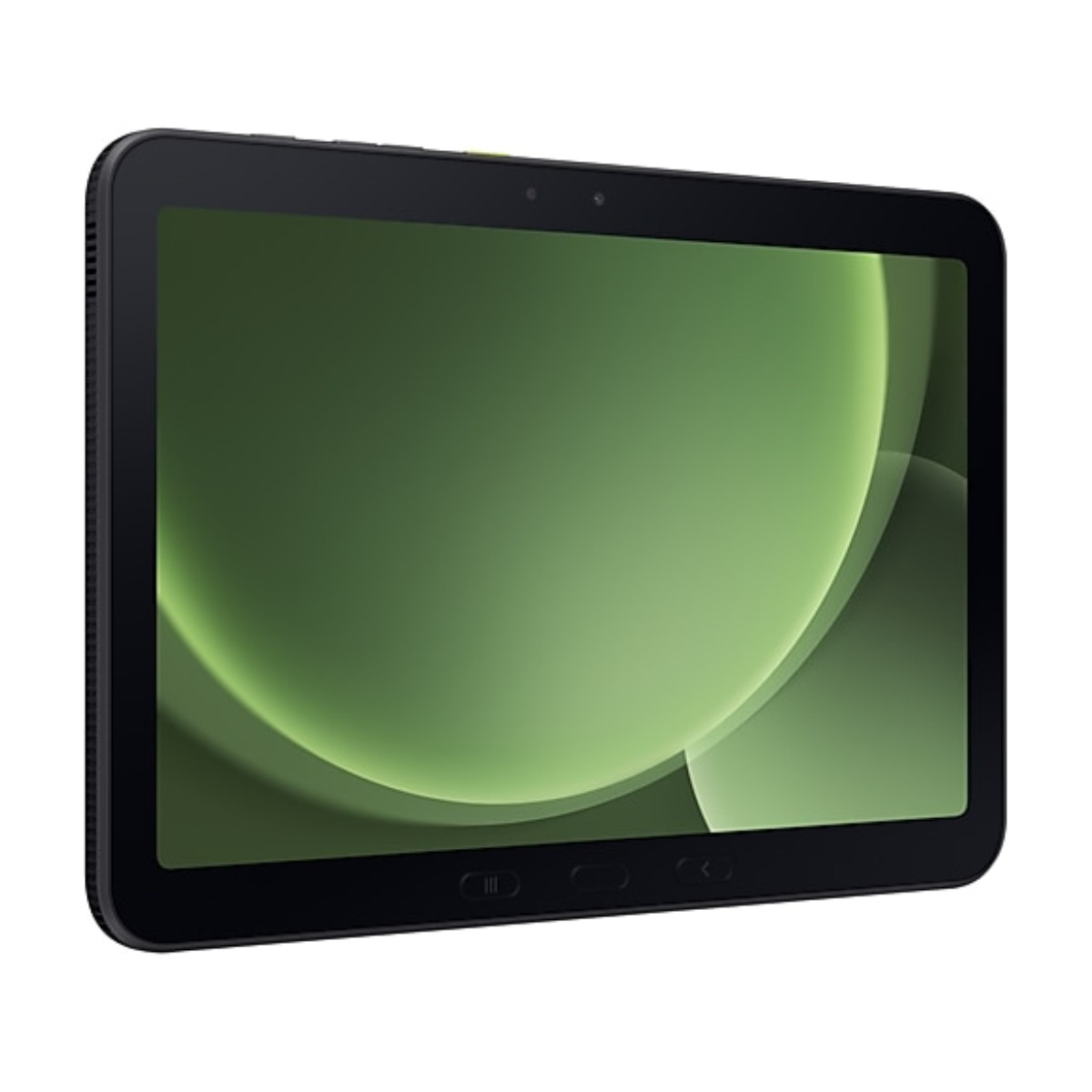 Tableta con un fondo de gradiente verde. Tiene un marco negro y se ve desde un ángulo lateral, mostrando la pantalla.