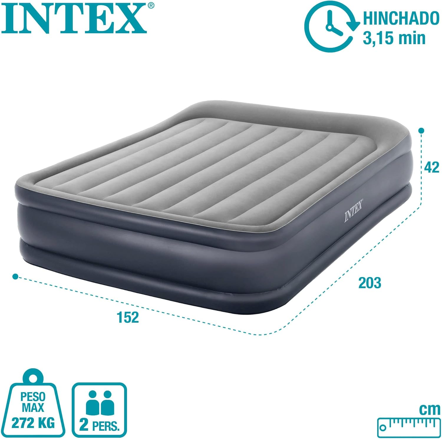 Un colchón inflable Intex, gris en la parte superior y azul oscuro en los lados, con dimensiones etiquetadas e iconos.