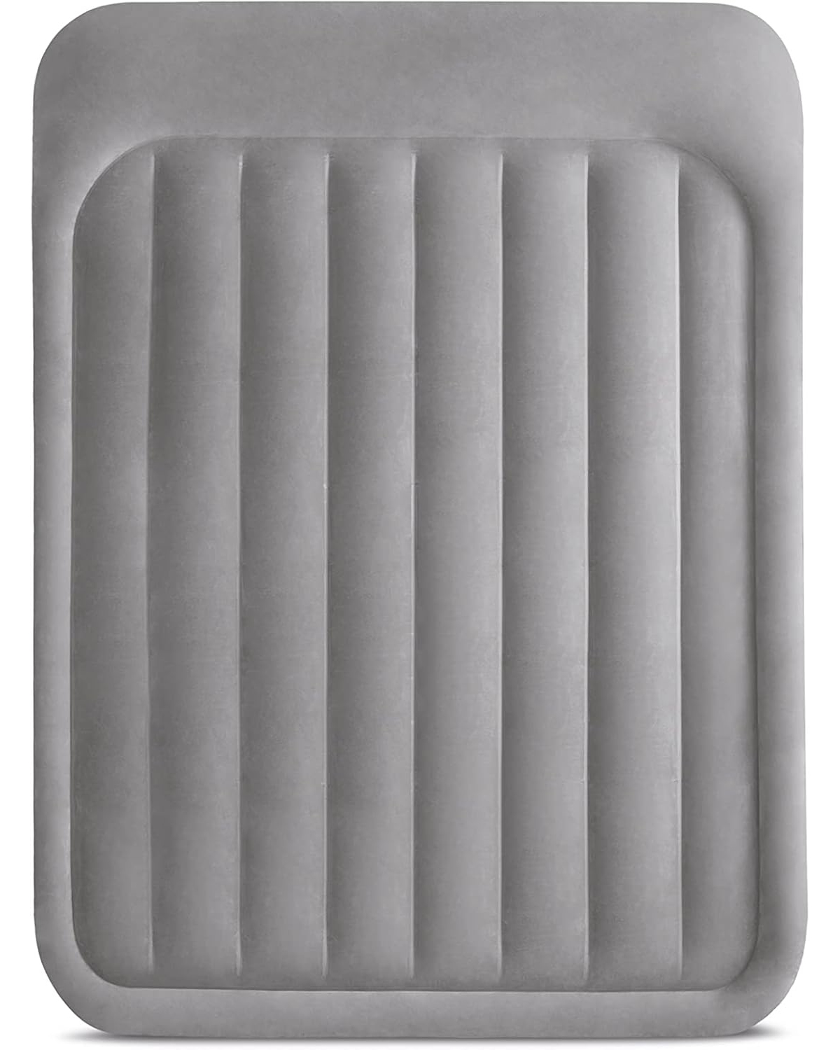 Vista superior de un colchón inflable gris con costillas verticales, de forma rectangular, con esquinas redondeadas.
