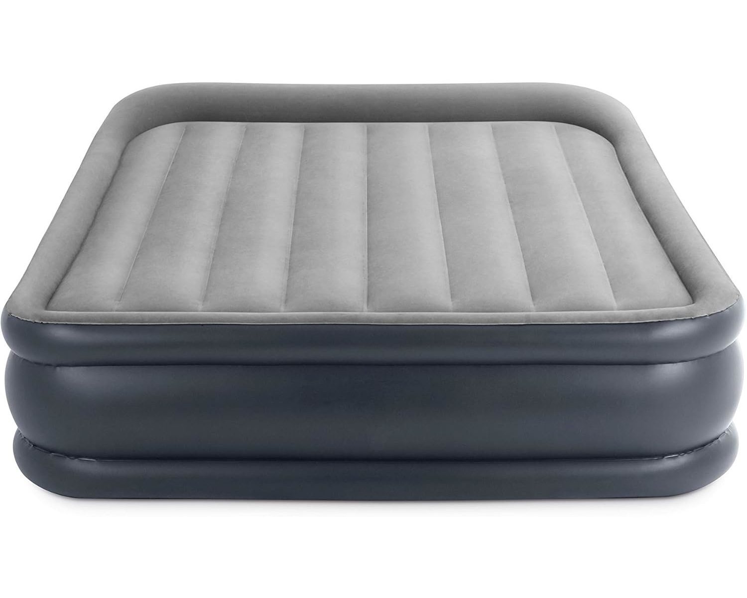 Una cama inflable, parte superior gris e inferior negra. La cama está vacía.