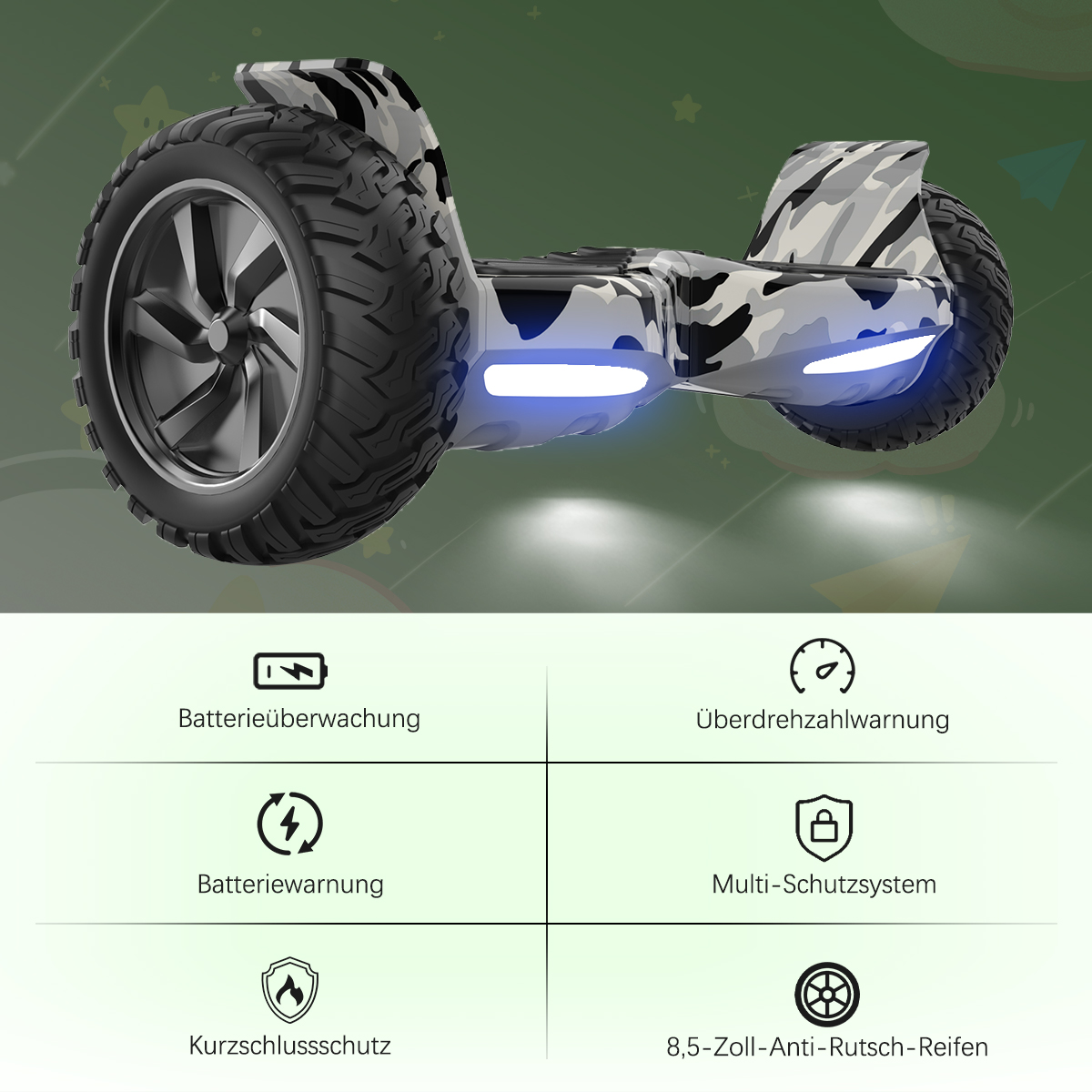 Hoverboard z kamuflażem, z oponą po każdej stronie. Na dole wyświetlane są ikony informacyjne.