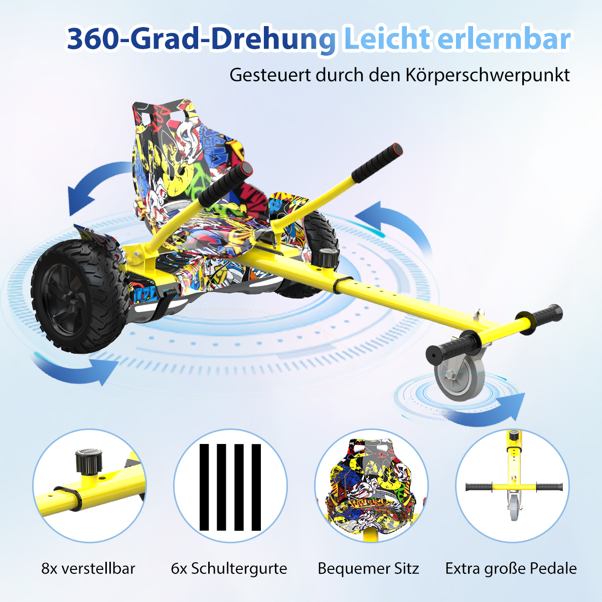 Ein gelbes Go-Kart mit schwarzen Rädern und bunten Graffiti. Es hat Griffe und einen Sitz mit verstellbaren Funktionen.