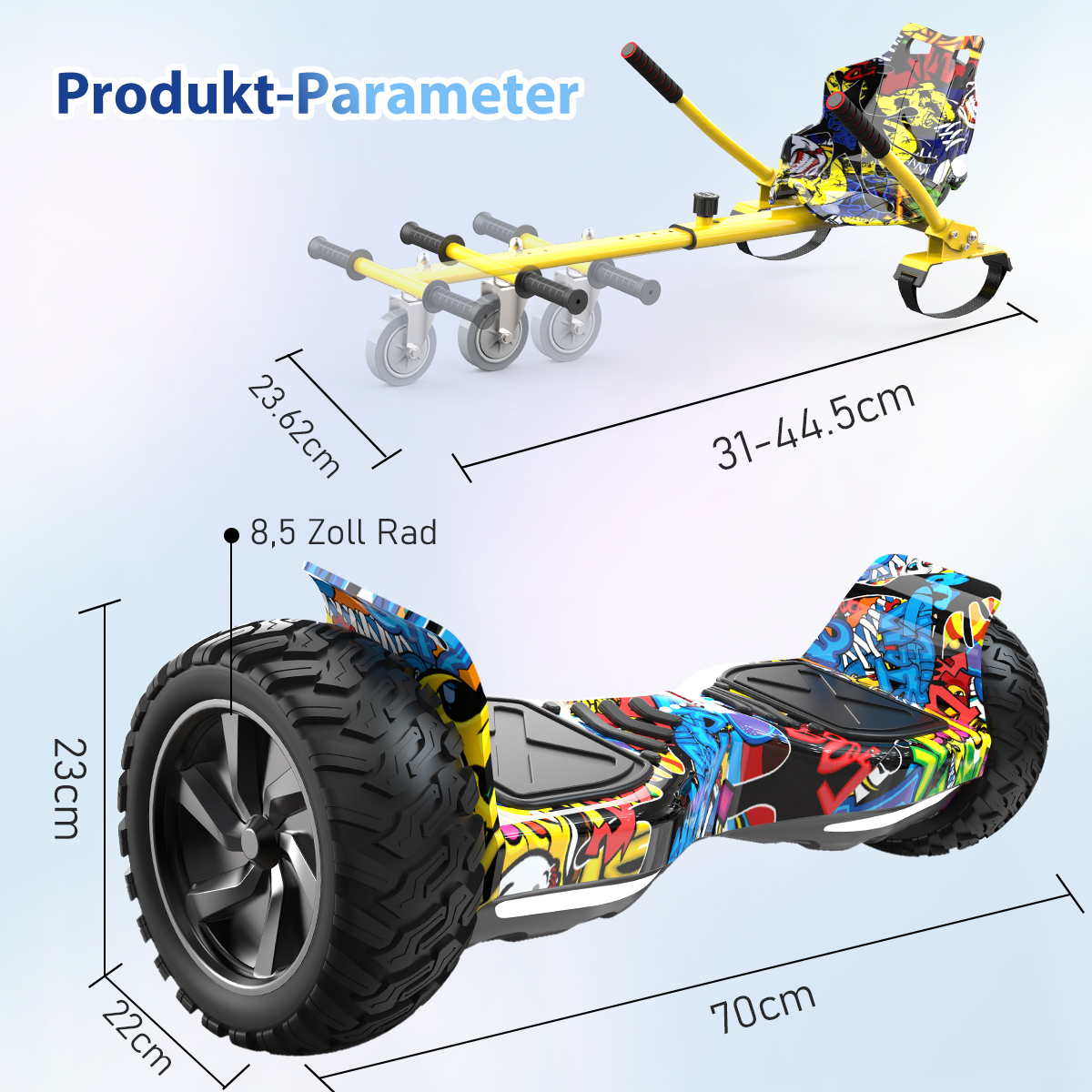 Parametry produktu: gokart i hoverboard. Wymiary są opisane, pokazując rozmiar w cm i rozmiar kół w calach.