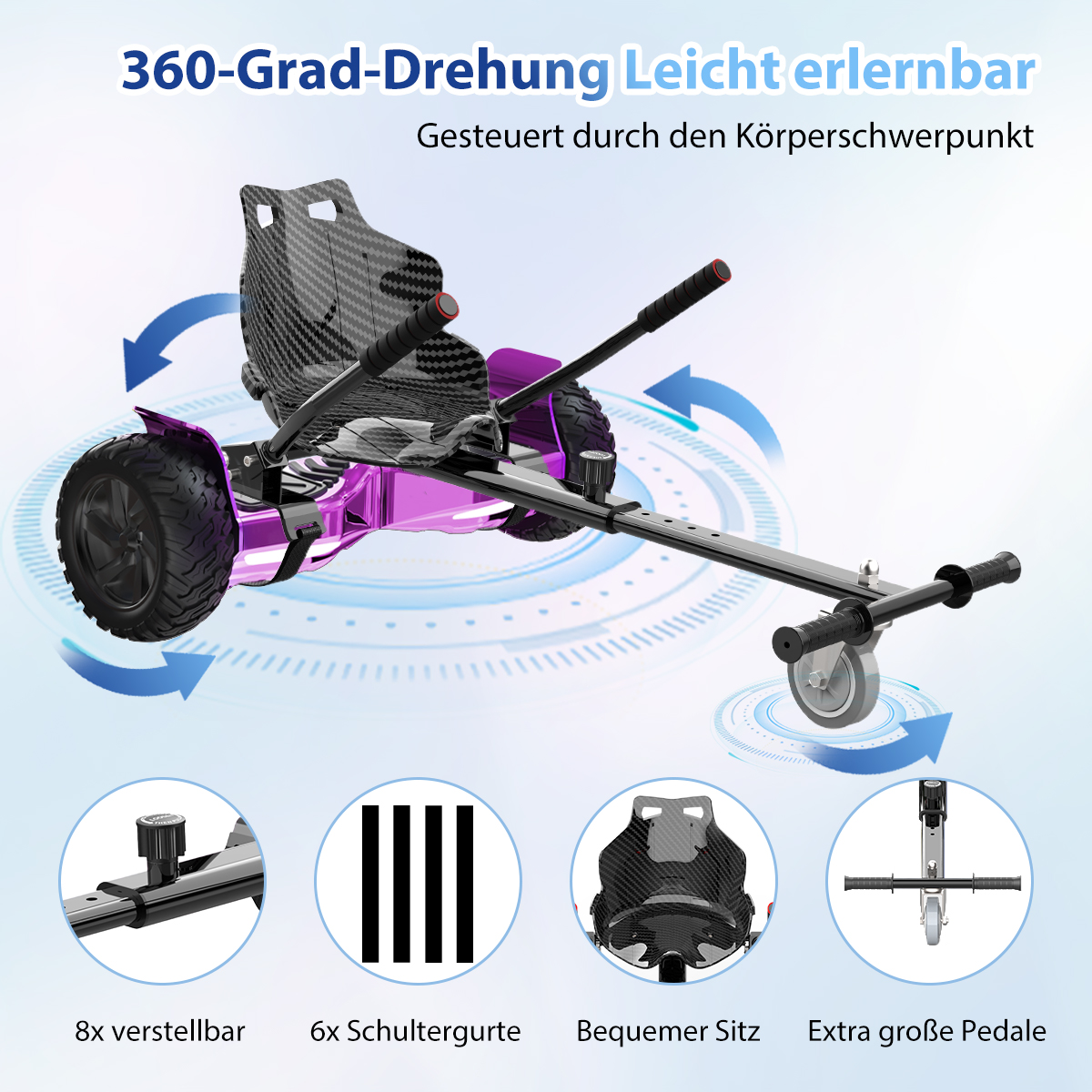 Lila Go-Kart mit schwarzen Rädern und Sitz, umgeben von Infografiken. Text: 360-Grad-Drehung, leicht zu erlernen, gesteuert durch Körpergewicht.