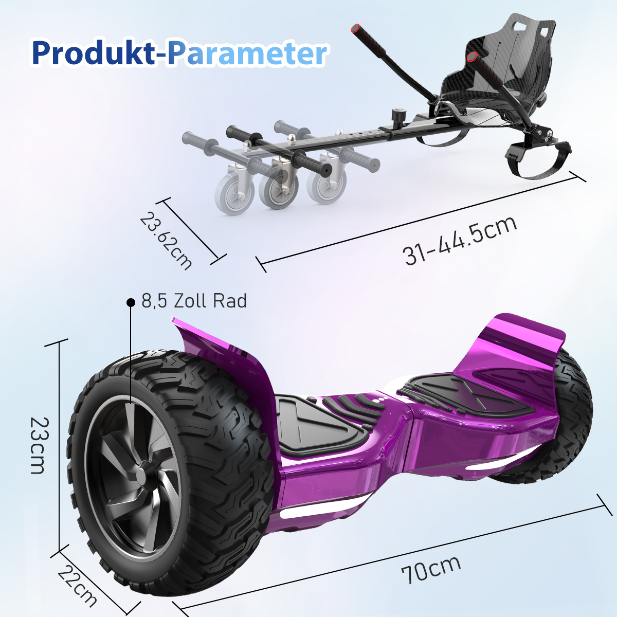 Lila Hoverboard mit Maßangaben. Ein separates, kleineres Hoverboard darüber.