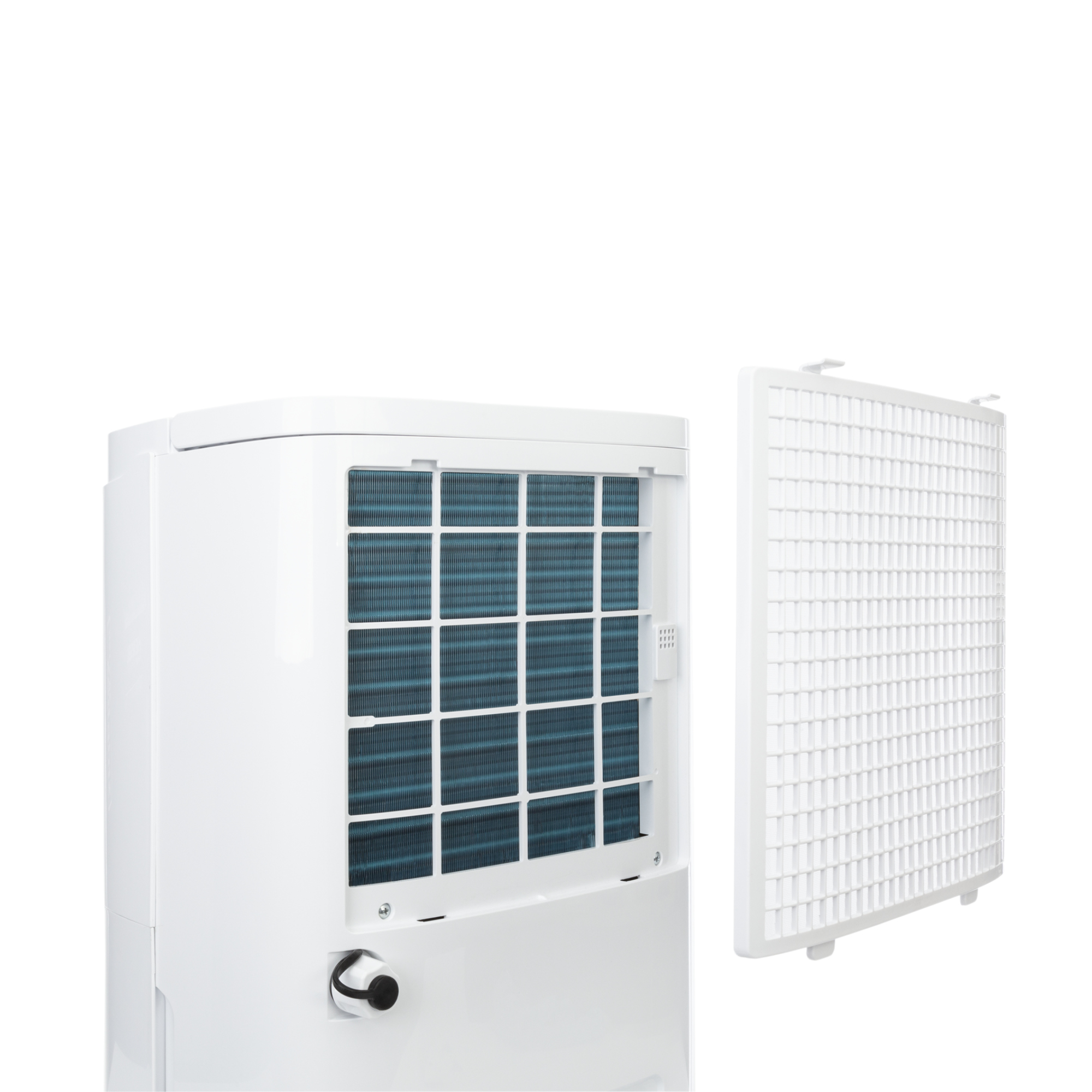 Purificatore d'aria bianco con griglia interna e filtro staccabile. Filtro blu visibile.