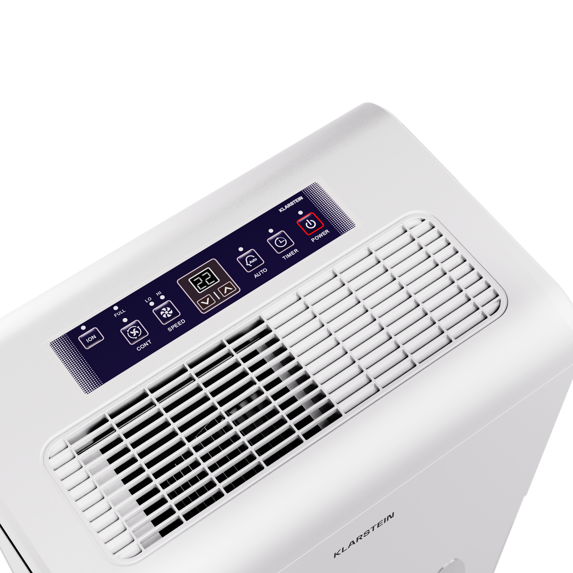 Pannello di controllo del purificatore d'aria bianco. Include pulsanti di accensione, timer, velocità e altre funzioni.