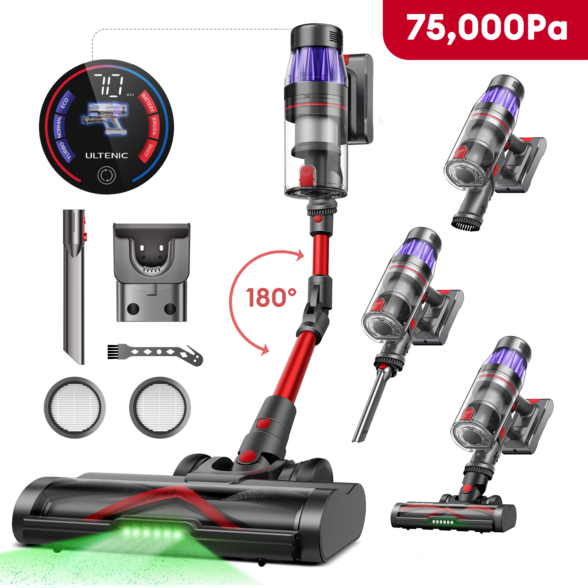 Ein kabelloser Staubsauger mit Zubehör, einschließlich digitaler Anzeige und verschiedenen Produktansichten.