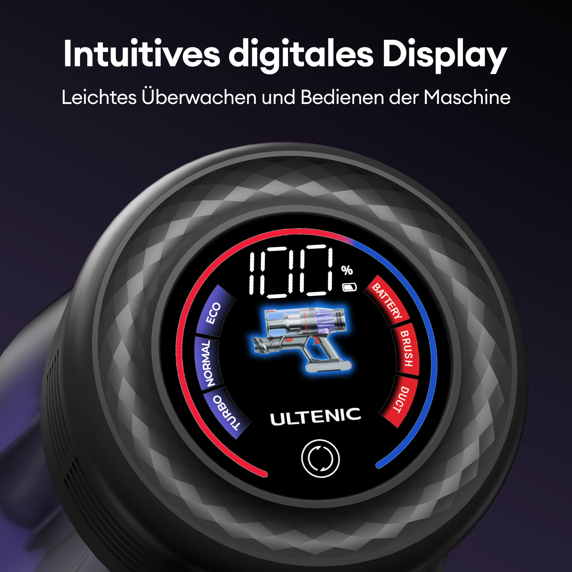 Digitales Staubsaugerdisplay mit 100 % Akku. Modi sind Turbo, Normal und Eco. Der Staubsauger ist schwarz mit Diamantmuster.