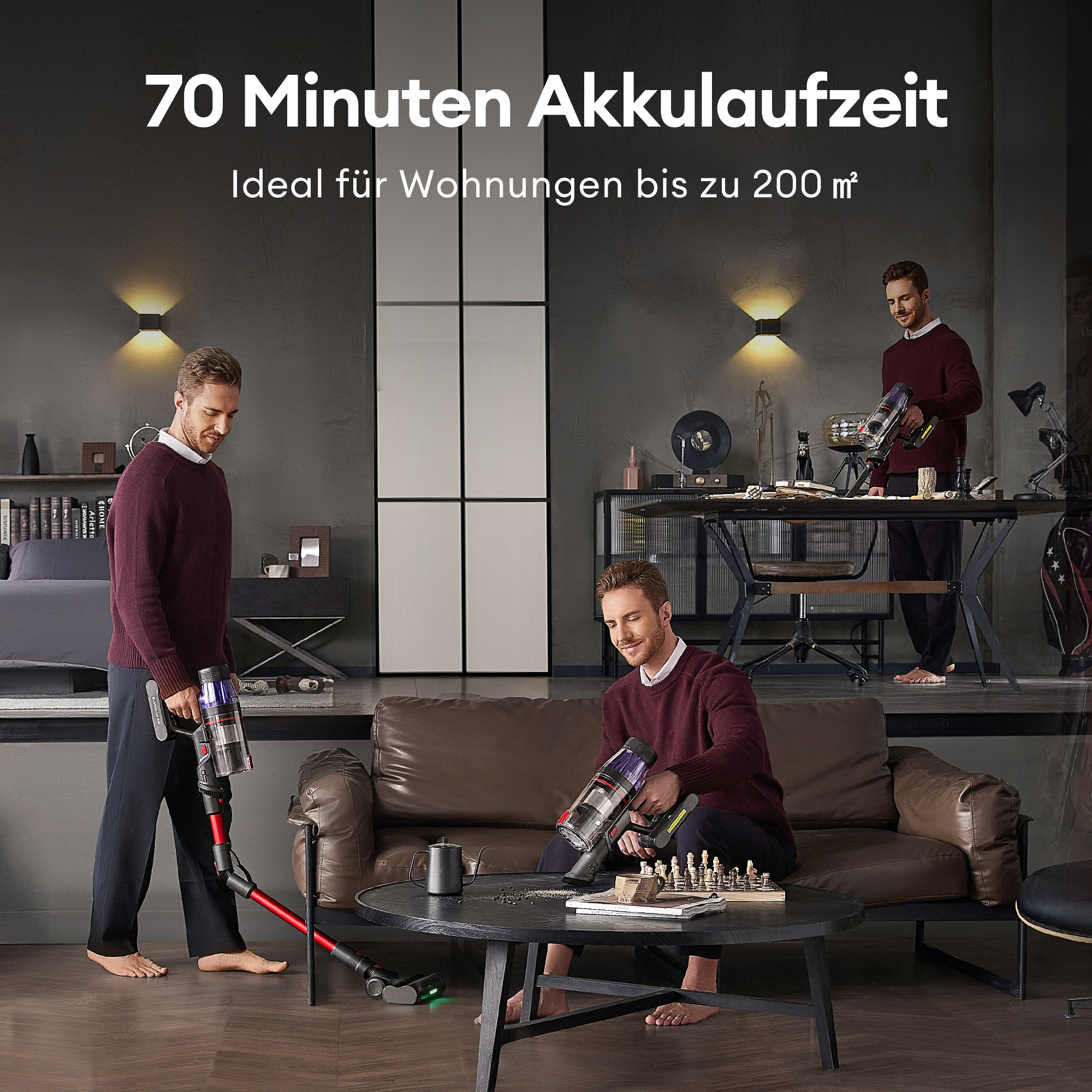 Mann mit Staubsauger in modernem Wohnzimmer. Produktwerbung mit Text über Akkulaufzeit und Wohnungsgröße.