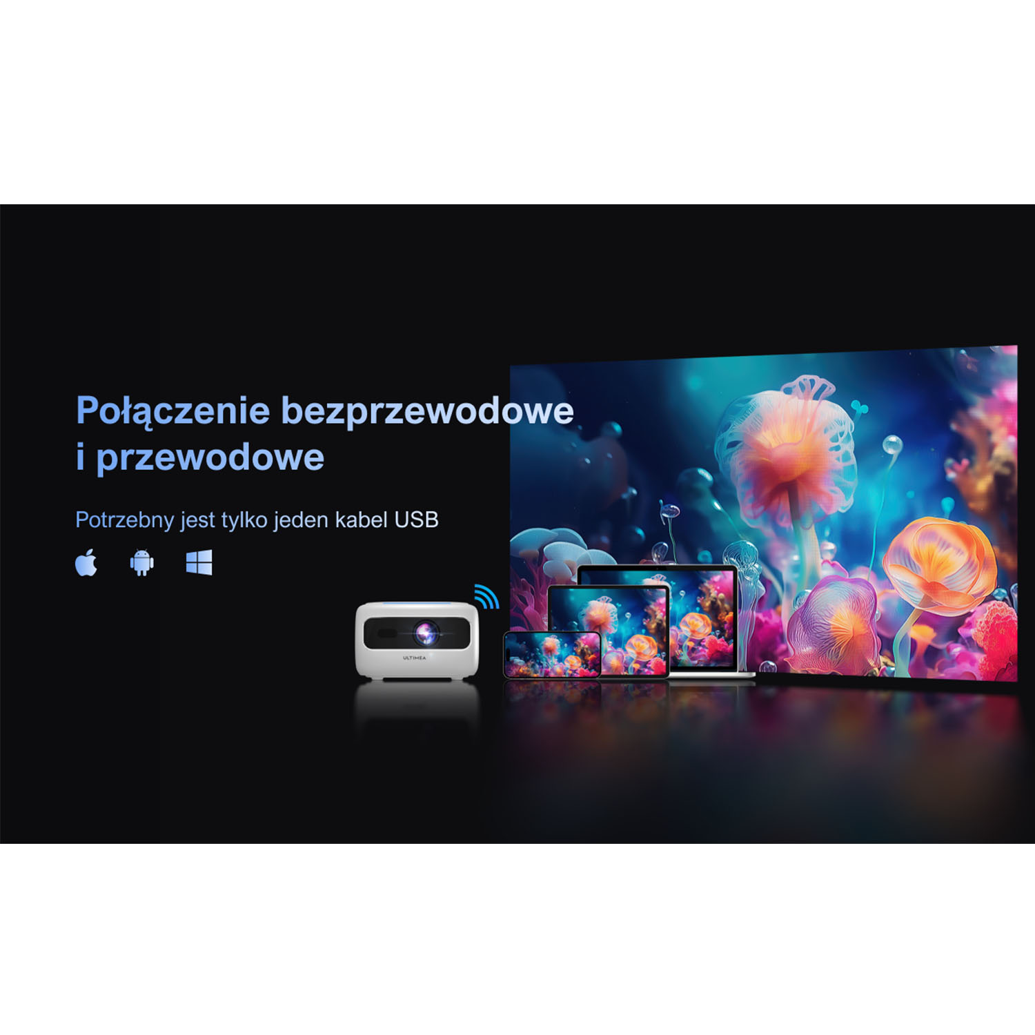 Biały projektor z ikoną bezprzewodową obok różnych ekranów z kolorowymi obrazami. Tekst brzmi: 'Połączenia bezprzewodowe i przewodowe'.