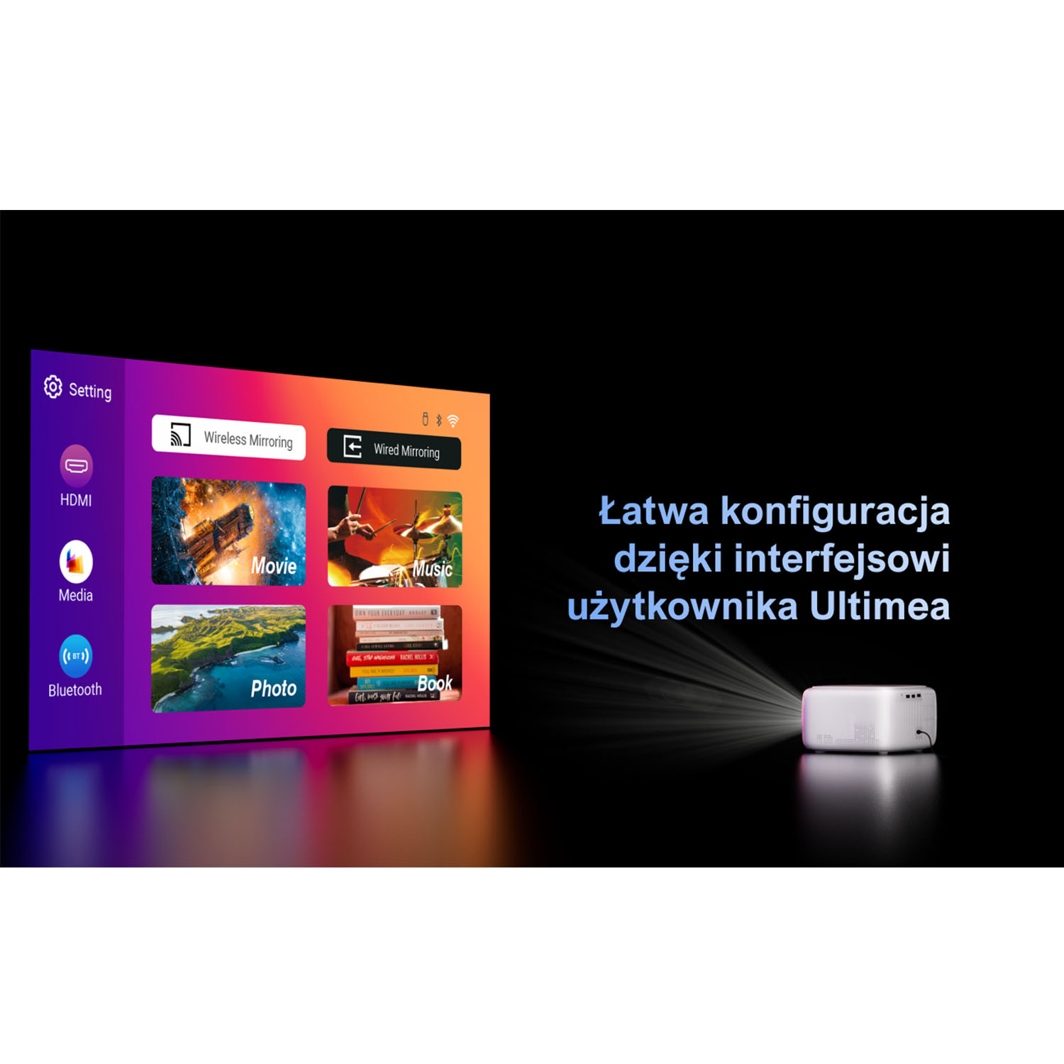 Projektor wyświetla menu z opcjami. Ekran pokazuje film, muzykę, zdjęcie i książkę. Promień światła wychodzi z projektora.