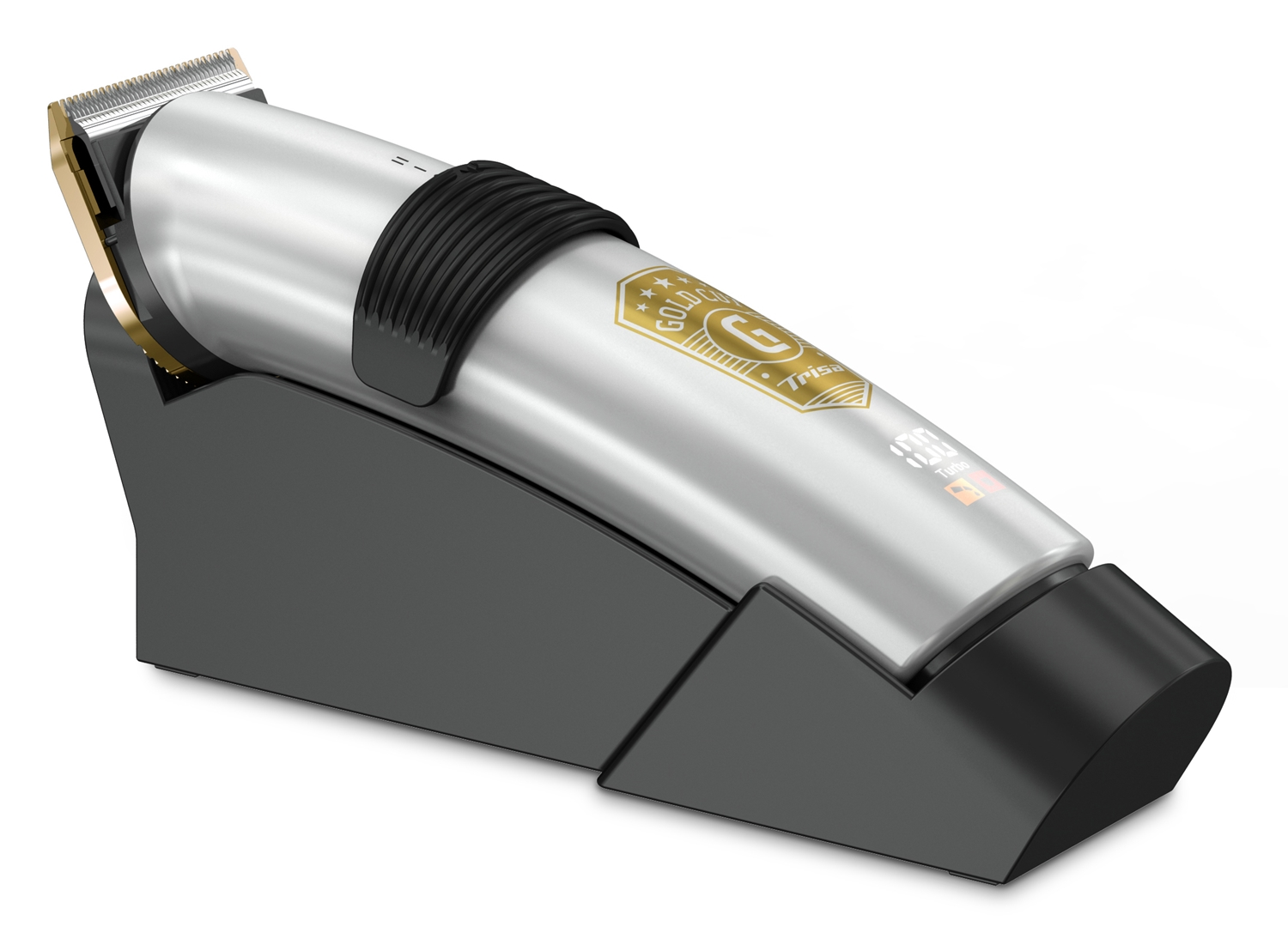 Silberner und schwarzer Haarschneider auf Ständer. Goldene Klinge, Digitaldisplay, Markenlogo.