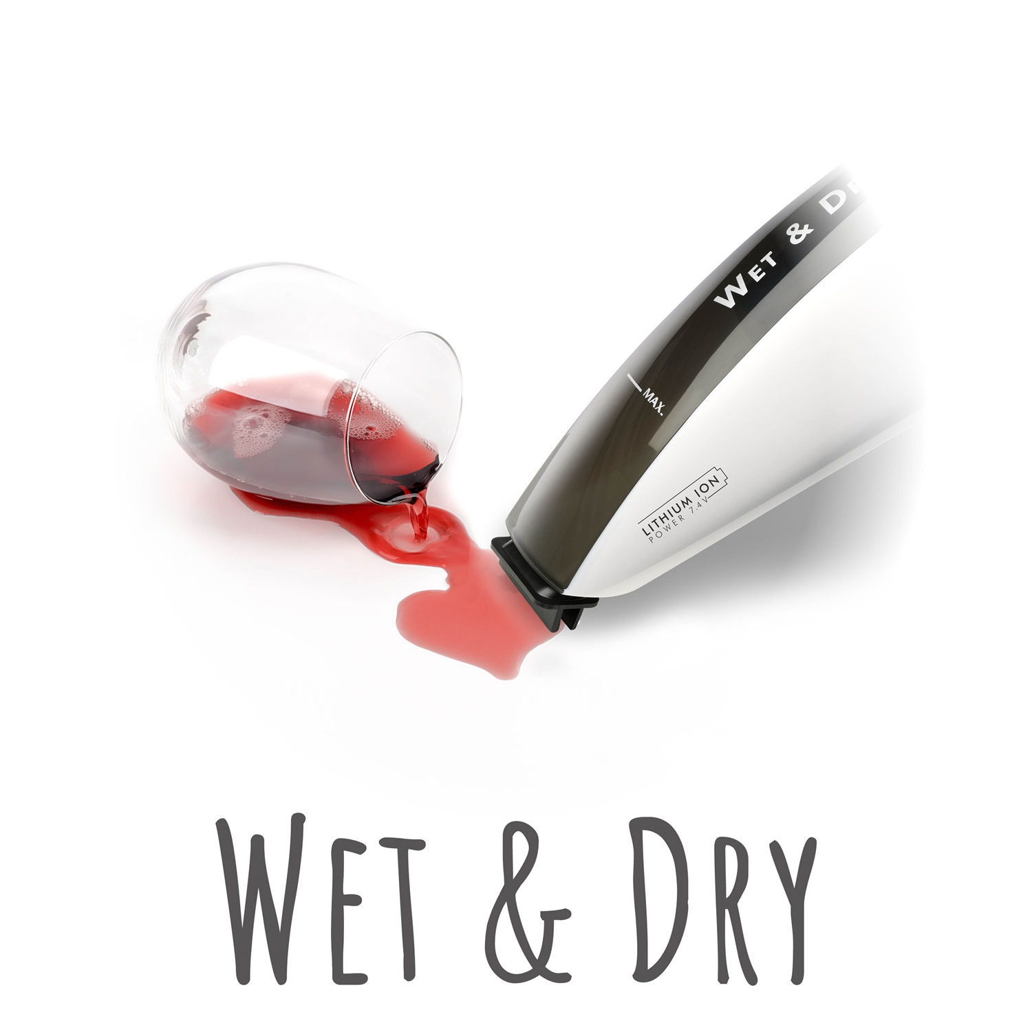 Rotwein läuft aus einem Glas. Rechts ist eine weiß-schwarze Staubsaugerdüse. Der Text lautet: „Wet & Dry“.