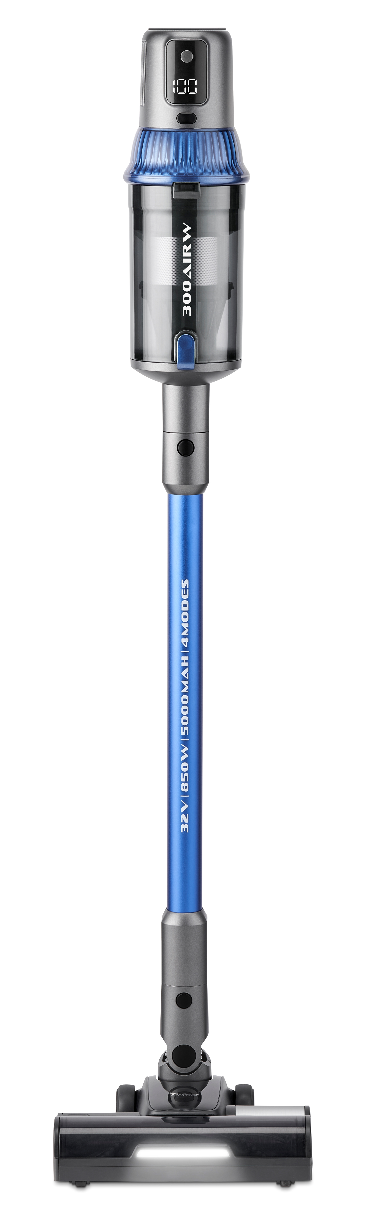 Ein Staubsauger mit blauem Rohr. Er ist silber und schwarz und steht auf weißem Hintergrund.