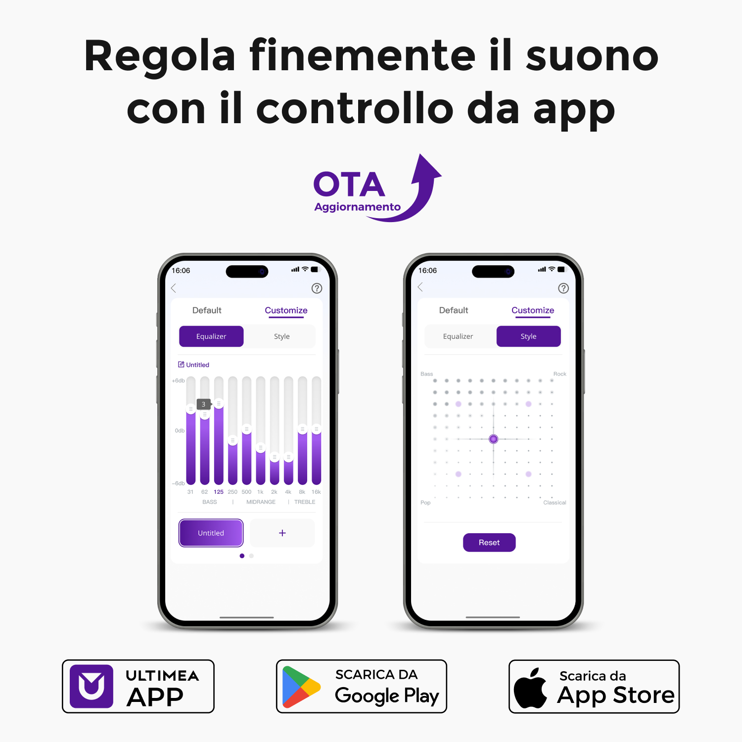 Due telefoni mostrano l'interfaccia utente per il controllo audio. Uno ha un equalizzatore.