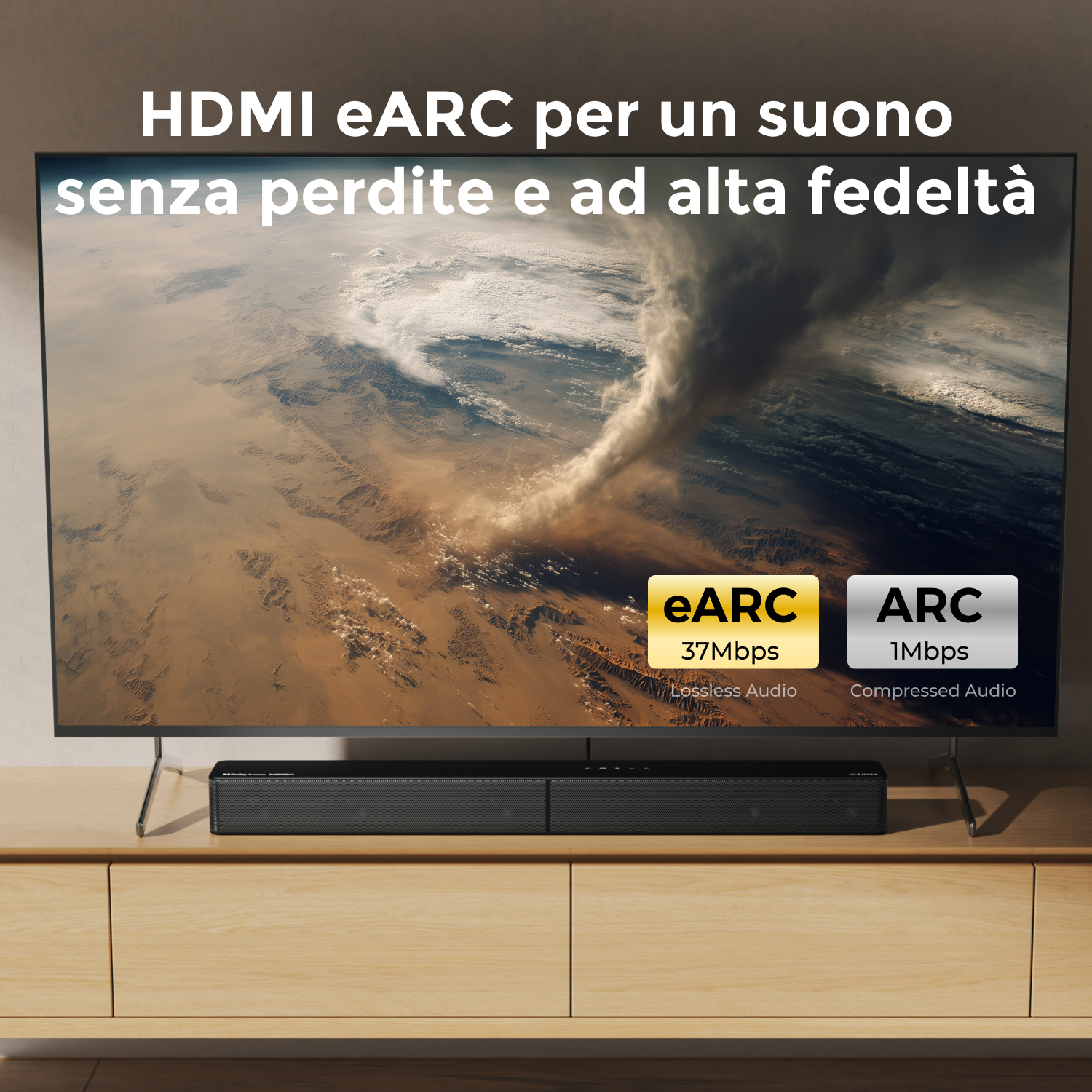 Una TV e una soundbar sono su un mobile di legno. Il testo sullo schermo mostra i dettagli di eARC e ARC.