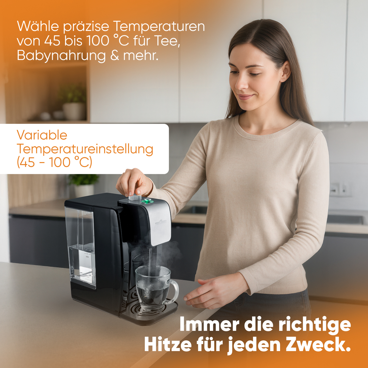 Kobieta obsługuje czajnik, ze szklanką. Tekst o ustawieniach temperatury.