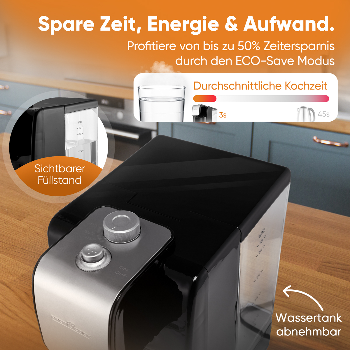 Czarny i srebrny czajnik z tekstem i diagramami, pokazujący poziom wody i czas gotowania.