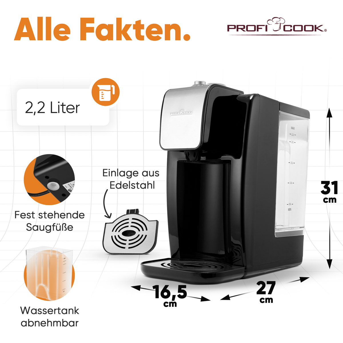 Czajnik z wymiarami. Zbiornik na wodę wyjmowany. Wkładka ze stali nierdzewnej.