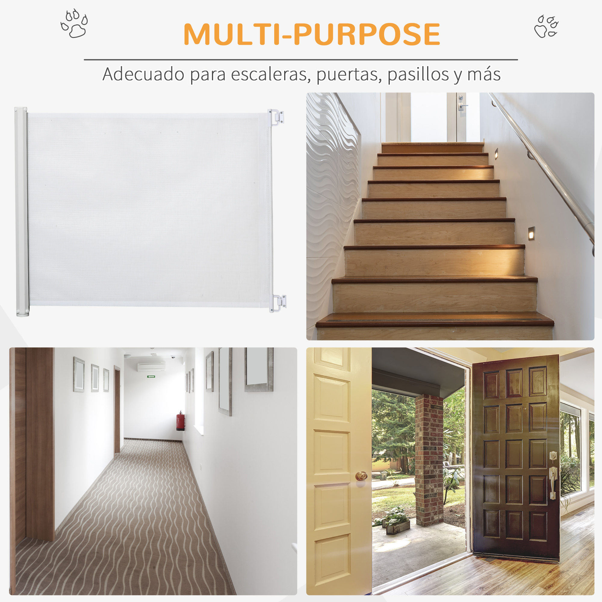 Una puerta multiusos. Se muestran imágenes de escaleras, puertas y pasillos. El texto dice multiusos.